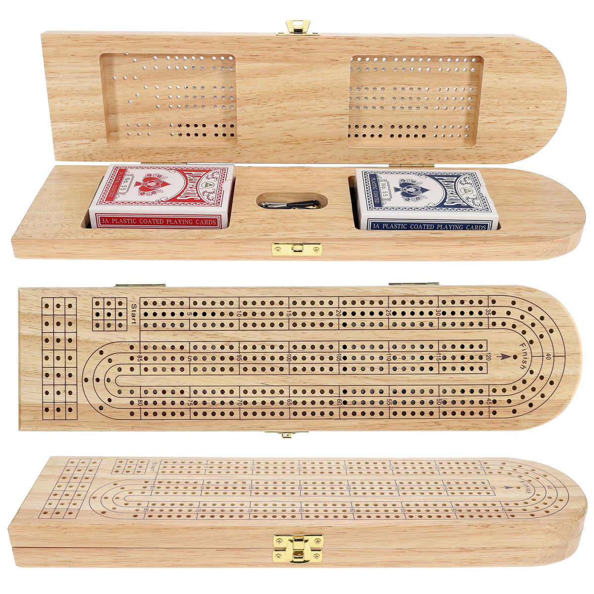 Pacific Shore Games Wooden Cribbage Board Game Set, Continuous 3 Track for 2-3 Players with Card Storage