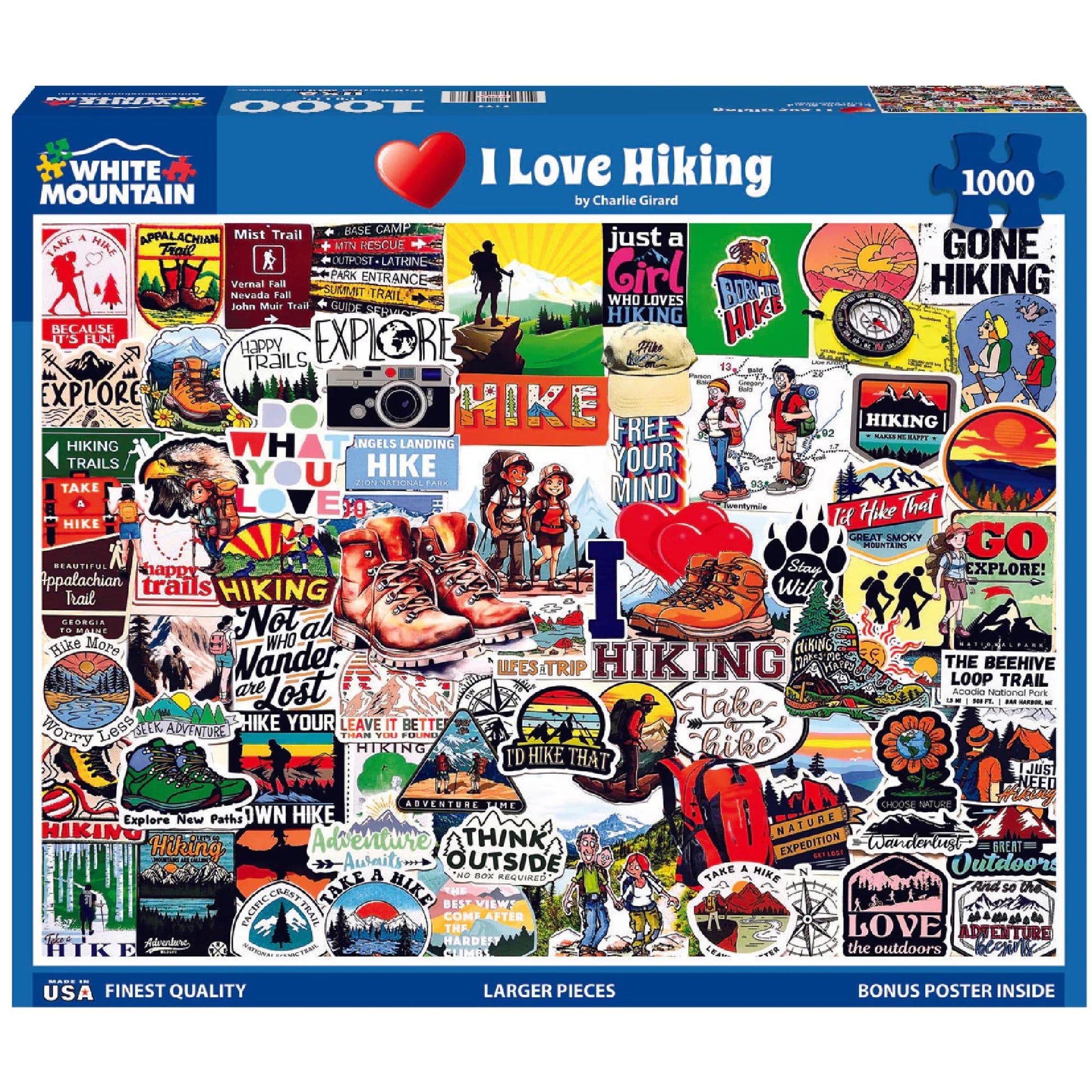 White Mountain 1000 Piece Jigsaw Puzzle Outdoor Nature Collage Puzzles with Large Pieces Gift for Adults and Family 24"x30" - I Love Hiking