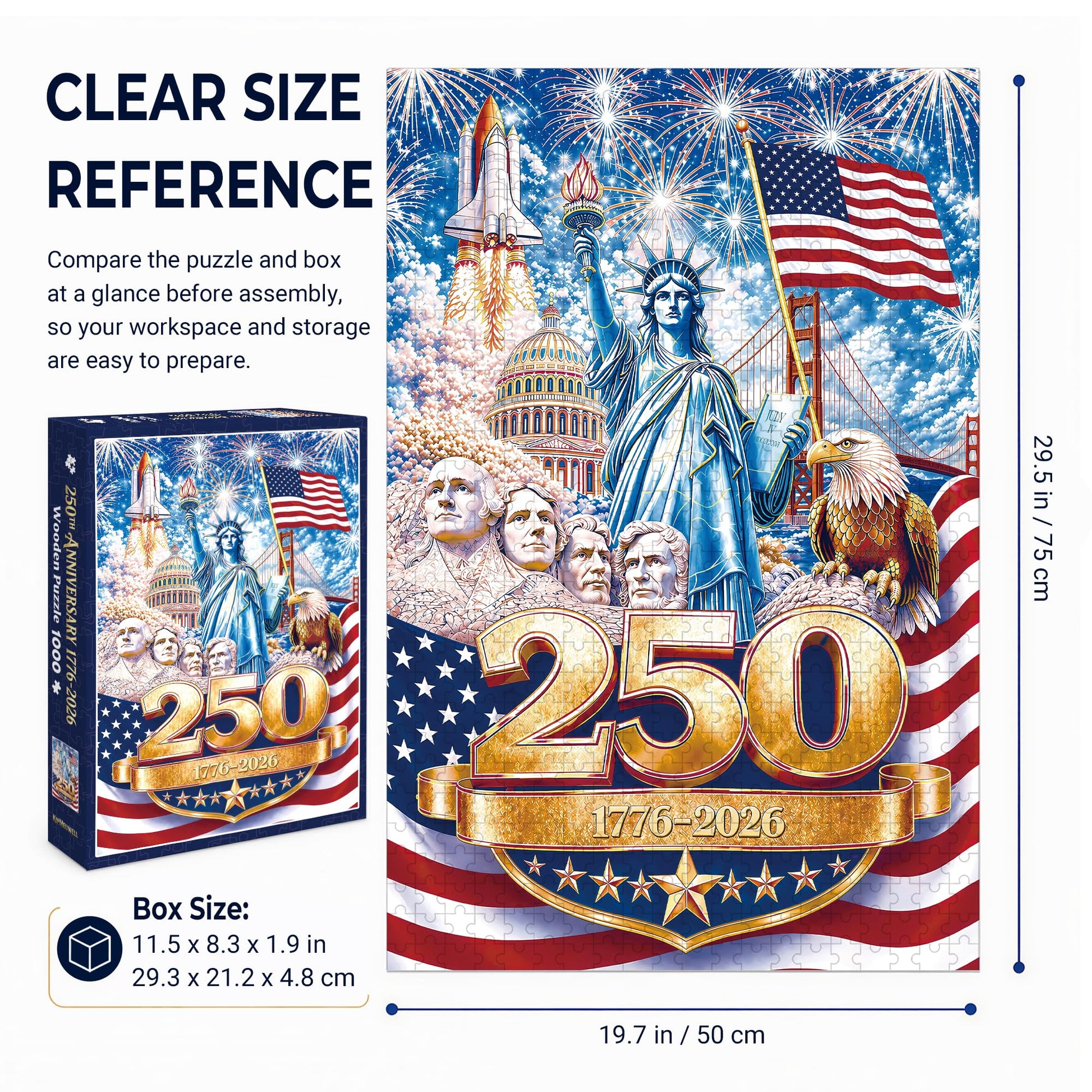 America 250 Anniversary Wooden Puzzle 1000 Pieces, USA 250th 1776-2026 Patriotic Artwork with Letters on Back, Challenging Jigsaw Puzzles for Adults