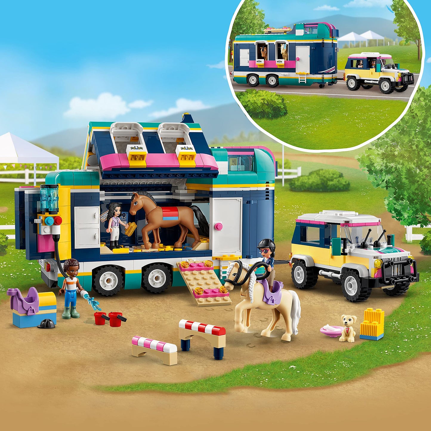 LEGO Friends Horse Show Trailer 41722, Horse Toy with 2 Horse Figures, SUV Car, and Riding Accessories, Toy Horse and Trailer Building Set for Kids