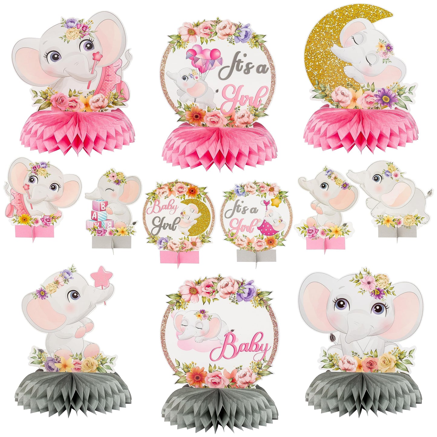 12Pcs Pink Floral Elephant Honeycomb Table Centerpieces It's a Girl Baby Shower Table Toppers Elephant Gender Reveal Party Decor Welcome Baby Girls