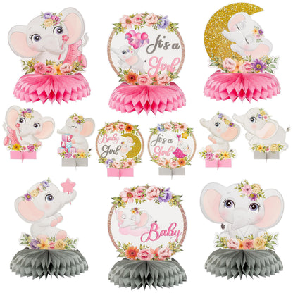 12Pcs Pink Floral Elephant Honeycomb Table Centerpieces It's a Girl Baby Shower Table Toppers Elephant Gender Reveal Party Decor Welcome Baby Girls