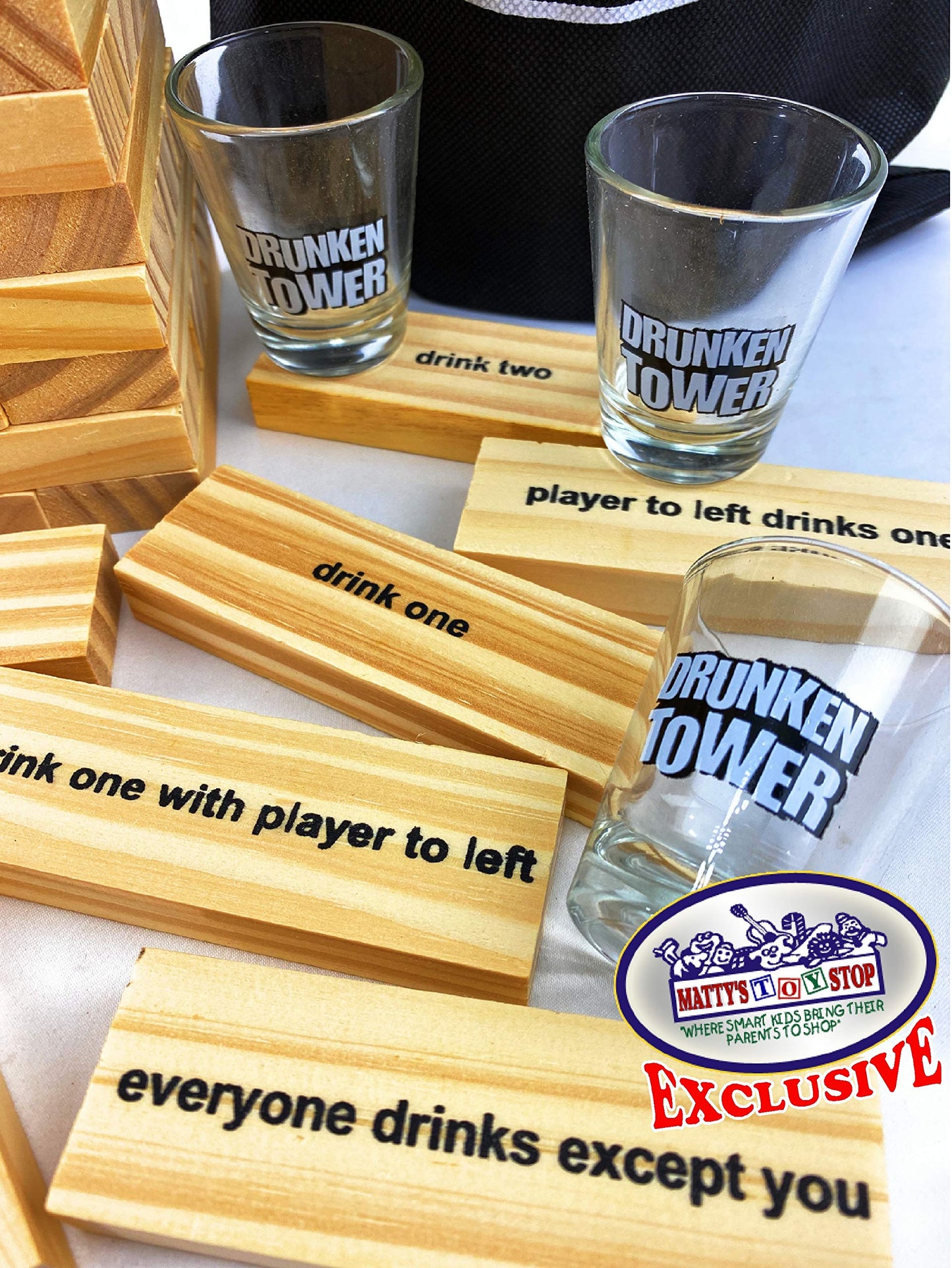 M?tty's Toy Stop Deluxe 60pc XL Wood Drunken Tower The Grab A Piece Drinking Game with Shot Glasses & Storage Bag
