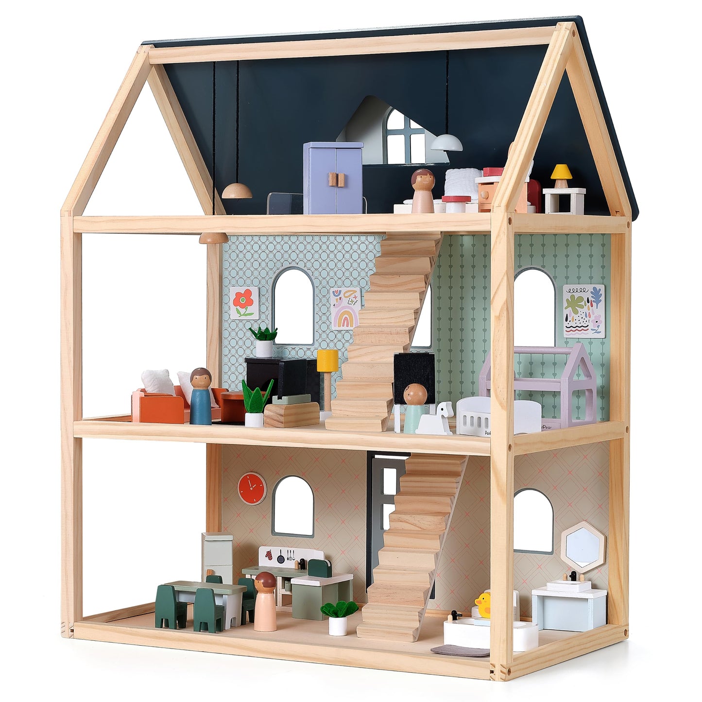 PairPear Large Wooden Dollhouse with Furnitures, Pretend Doll House Toys