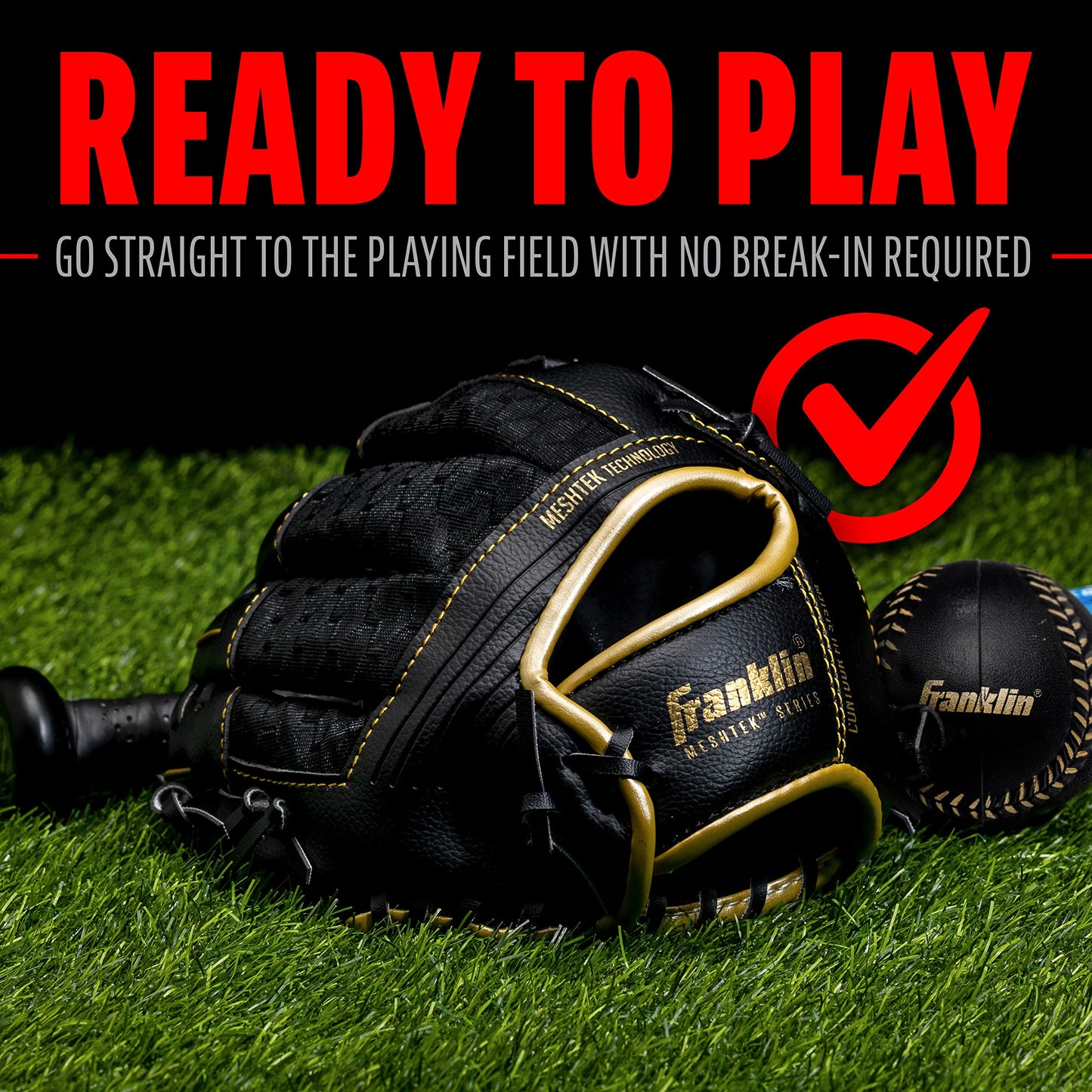 Franklin Sports Meshtek Teeball Fielding Glove with Ball - Right Hand Throw - 9.5" - Black/Gold