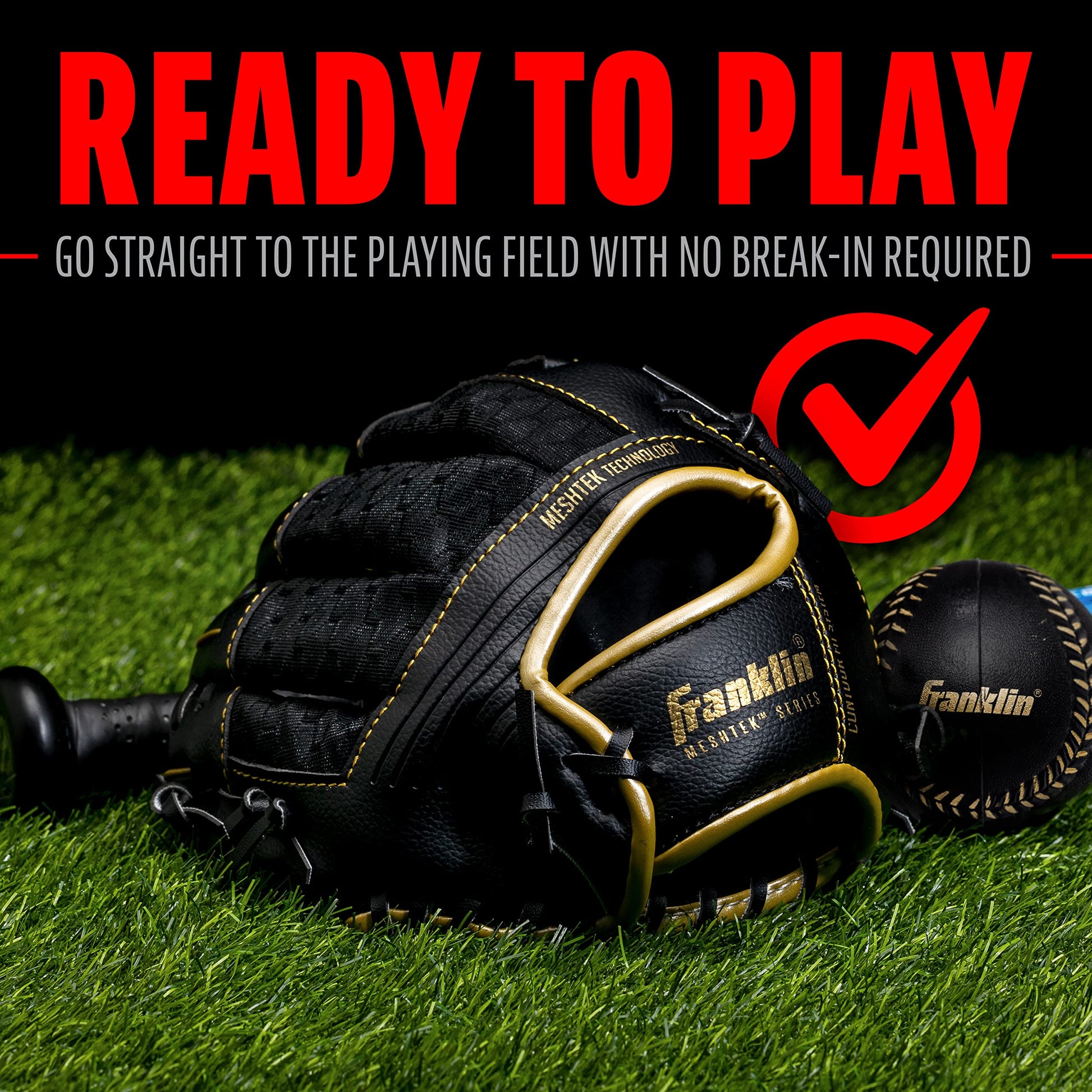 Franklin Sports Meshtek Teeball Fielding Glove with Ball - Right Hand Throw - 9.5" - Black/Gold