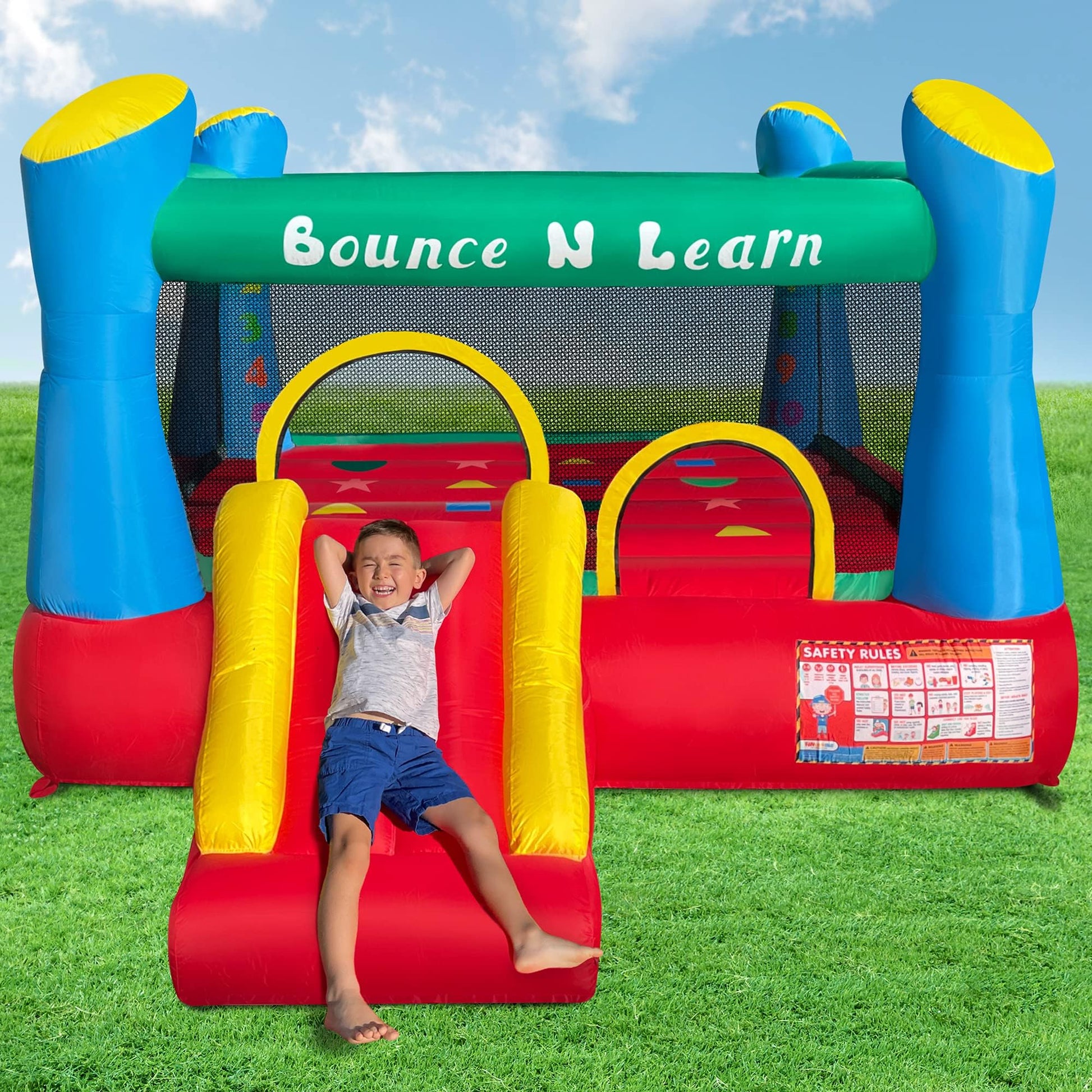Funormous Educational Inflatable Bouncy House for Kids Outdoor Jump 'n Slide Bounce House with Blower Included for Kids Ages 3-8