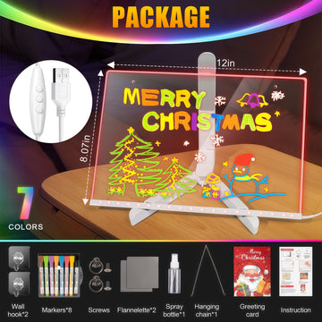 LED Drawing Board with 7-Colors,Equipped with Stand,8 Colored pens (with Eraser Caps),Sketchbook,Adapter, Hook, Chain, Spray Bottle, Cloth