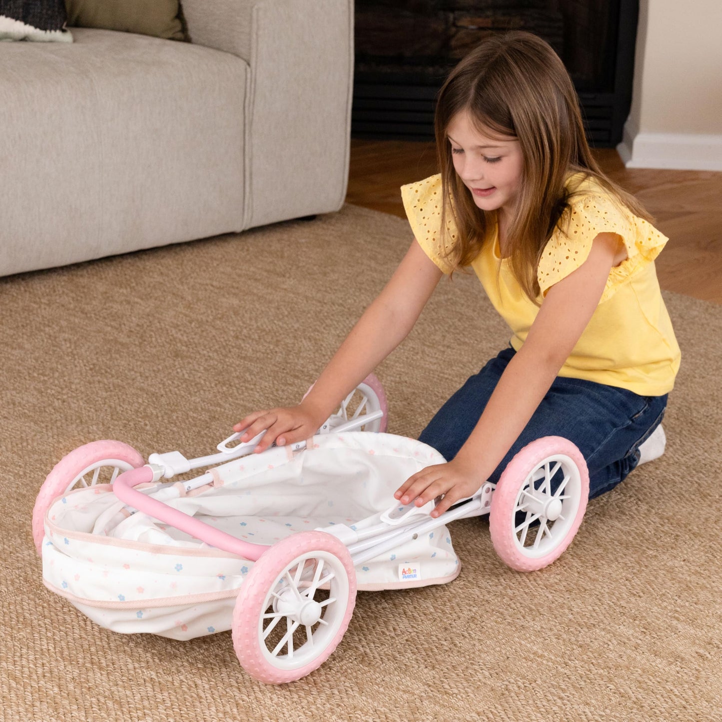 Baby Doll Stroller for Girls - Foldable Toy Pram with Adjustable Canopy, Foam Handle & Wheels - Fits 12-14 Inch Dolls, Reborn Dolls - Pretend Play