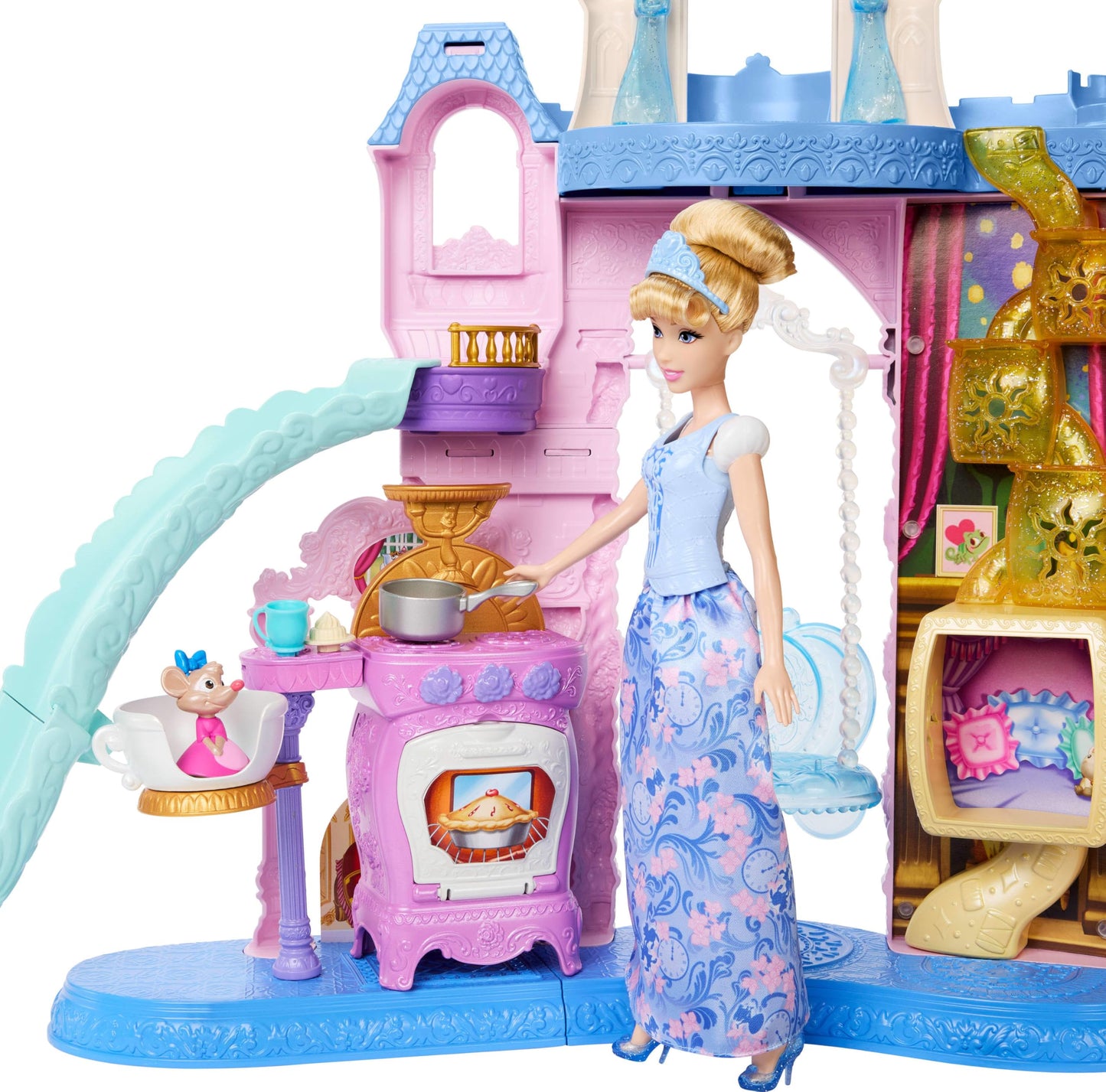 Mattel Disney Princess Pet Castle Playset & Cinderella Fashion Doll with 7 Play Areas, 2 Animal Friends, Furniture & 17 Accessories, Pet Palace