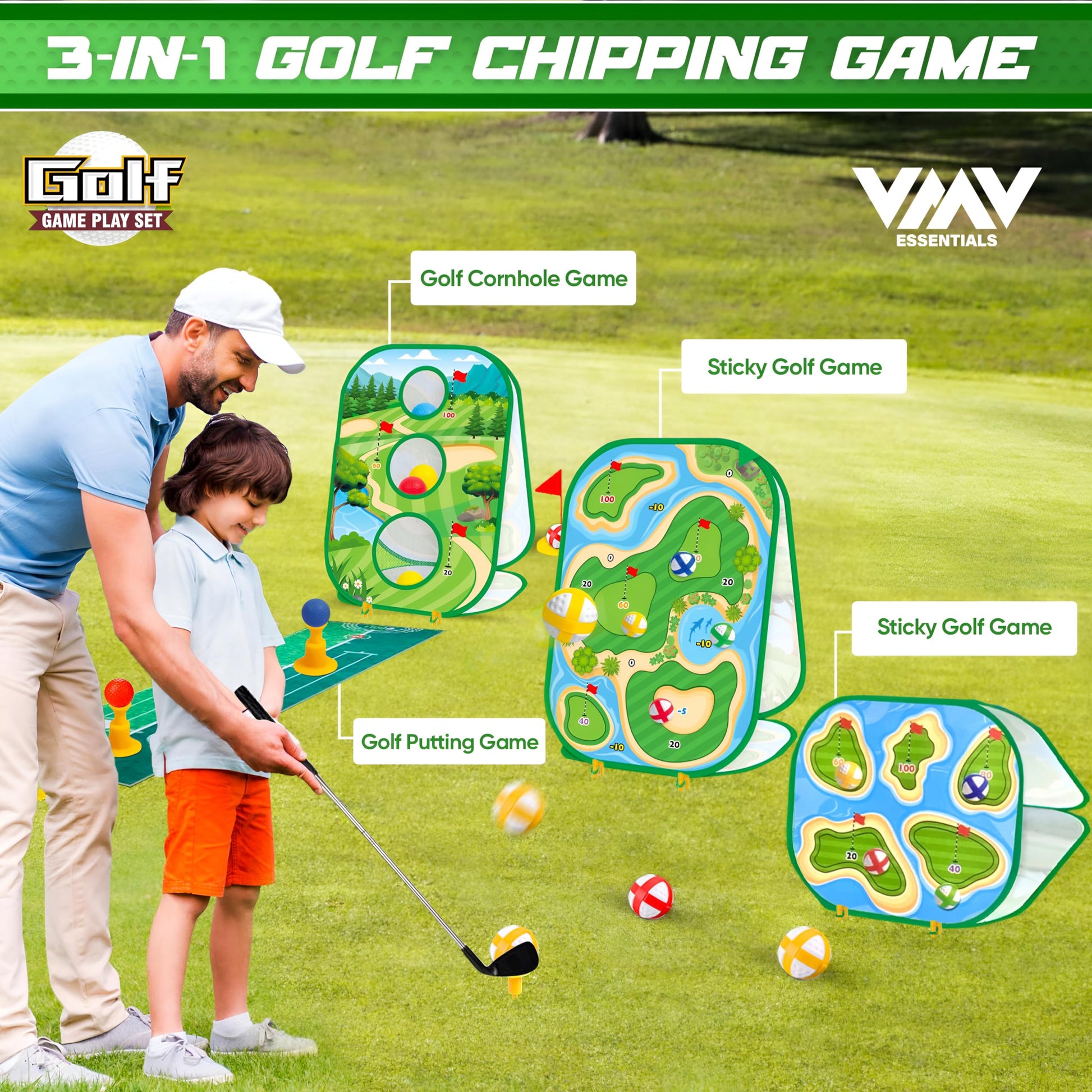 VMV ESSENTIALS Golf Games for Kids - Sticky Golf Game, Golf Cornhole Game and Golf Putting Game - Indoor and Outdoor Activities for Kids, Medium