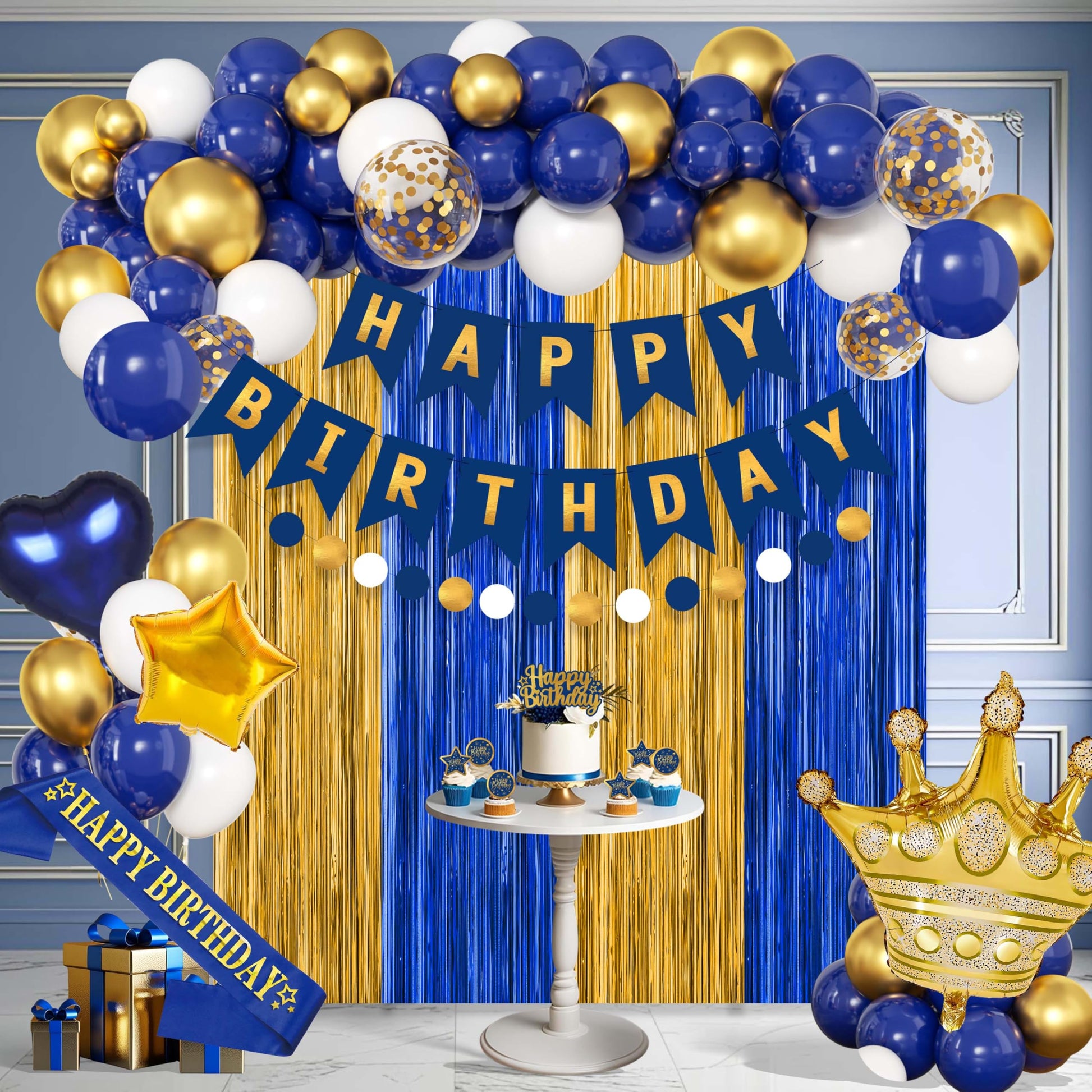 Blue And Gold Birthday Decorations for Men,Fringe Curtains Happy Birthday Banner,Red balloons,Cake Toppers for Boys