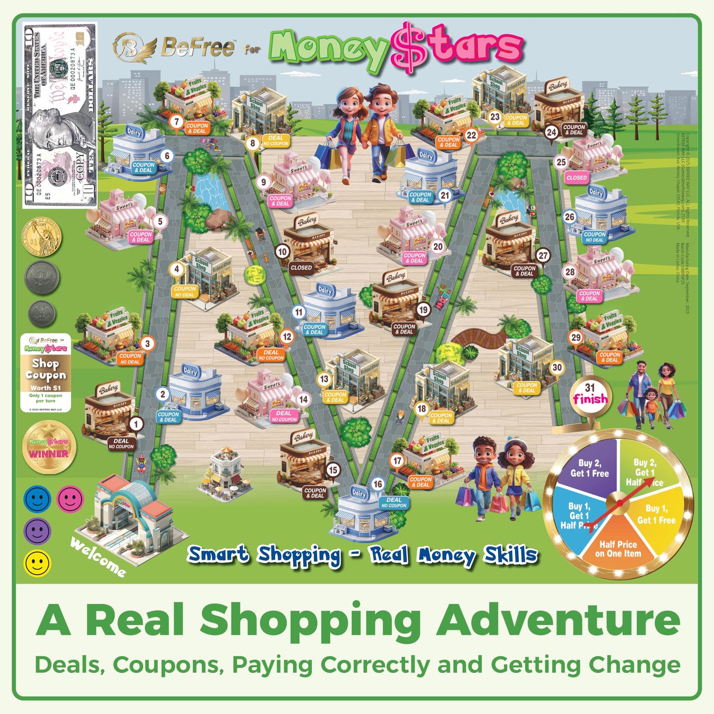 BeFree for MoneyStars - Kids Board Game Age 7+ | Fun Play Money Shopping Game with Bills & Coins and Store Deals | Make Smart Choices, Pay, Get Change