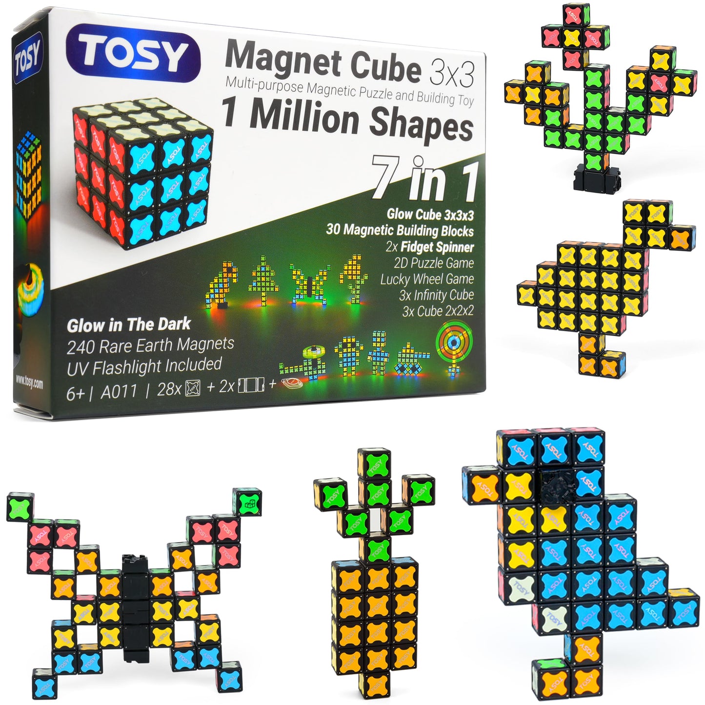 TOSY Magnet Cube 3x3 - 240 Magnets, 30 Blocks, 7in1 Toy: Puzzle Cube Game, Creative Building Blocks, Transformable Fidget Spinner, Infinity Cube