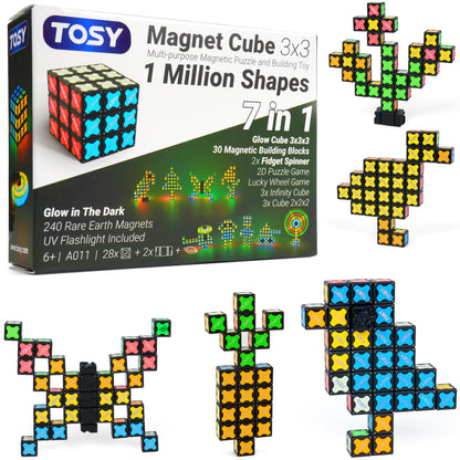 TOSY Magnet Cube 3x3 - 240 Magnets, 30 Blocks, 7in1 Toy: Puzzle Cube Game, Creative Building Blocks, Transformable Fidget Spinner, Infinity Cube