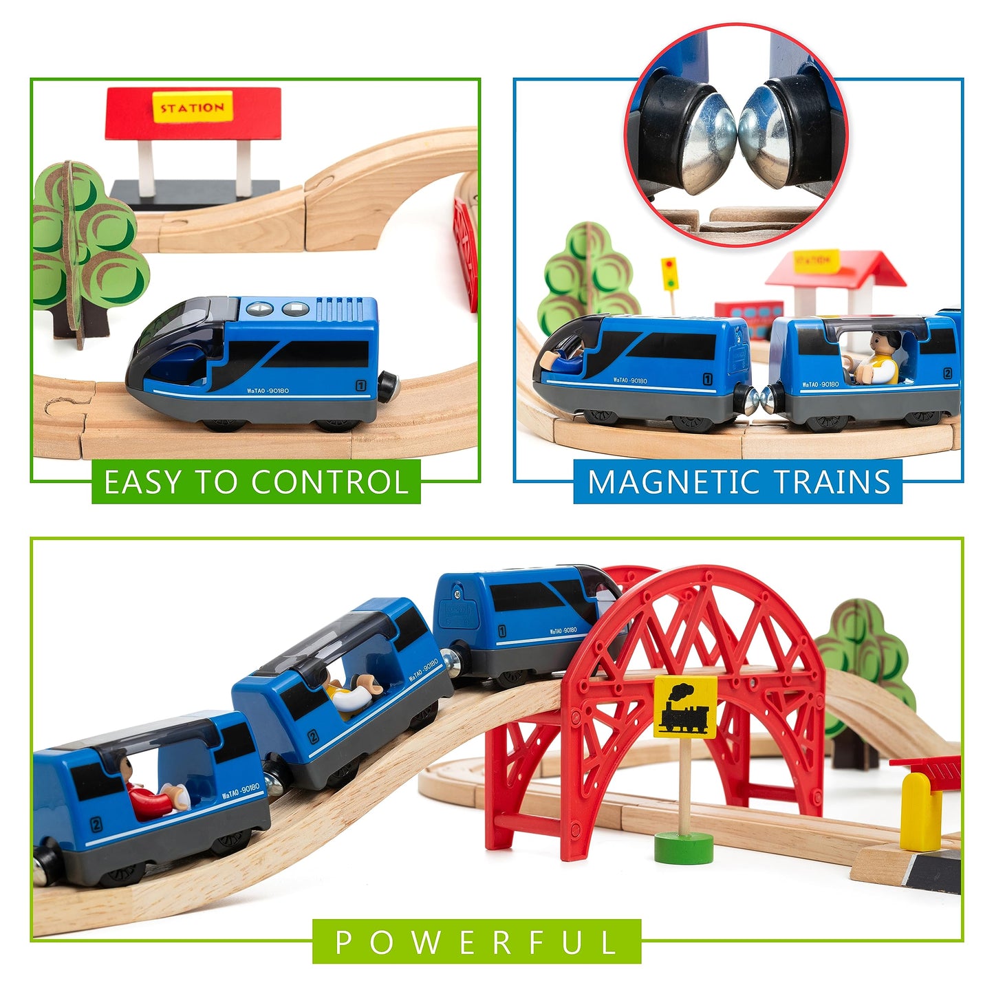 KipiPol Battery Operated Action Locomotive Toy Train Set for Wooden Tracks, (Magnetic)-Compatible with Thomas The Train Toys, Brio Tram Set