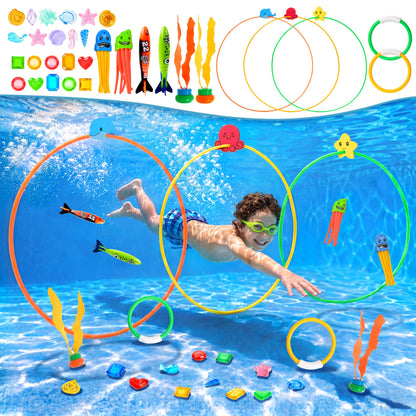 SYNCFUN Pool Toys Diving Rings,32PCS Swim Rings Pool Game Set Toys with Dive Ring Gem Seaweed Underwater Shark Jellyfish Water Swimming Toy for Kids