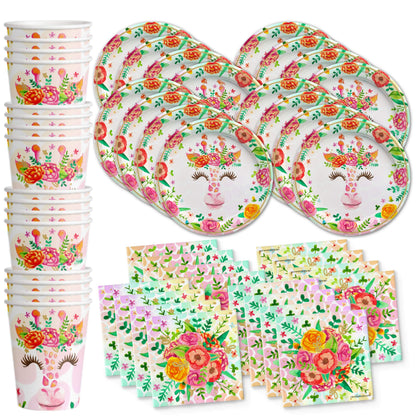 Giraffe Floral Birthday Party Supplies - Giraffe Party Supplies - Zoo Animal Party Supplies - Safari Animal Party Supplies | Tableware Set Includes