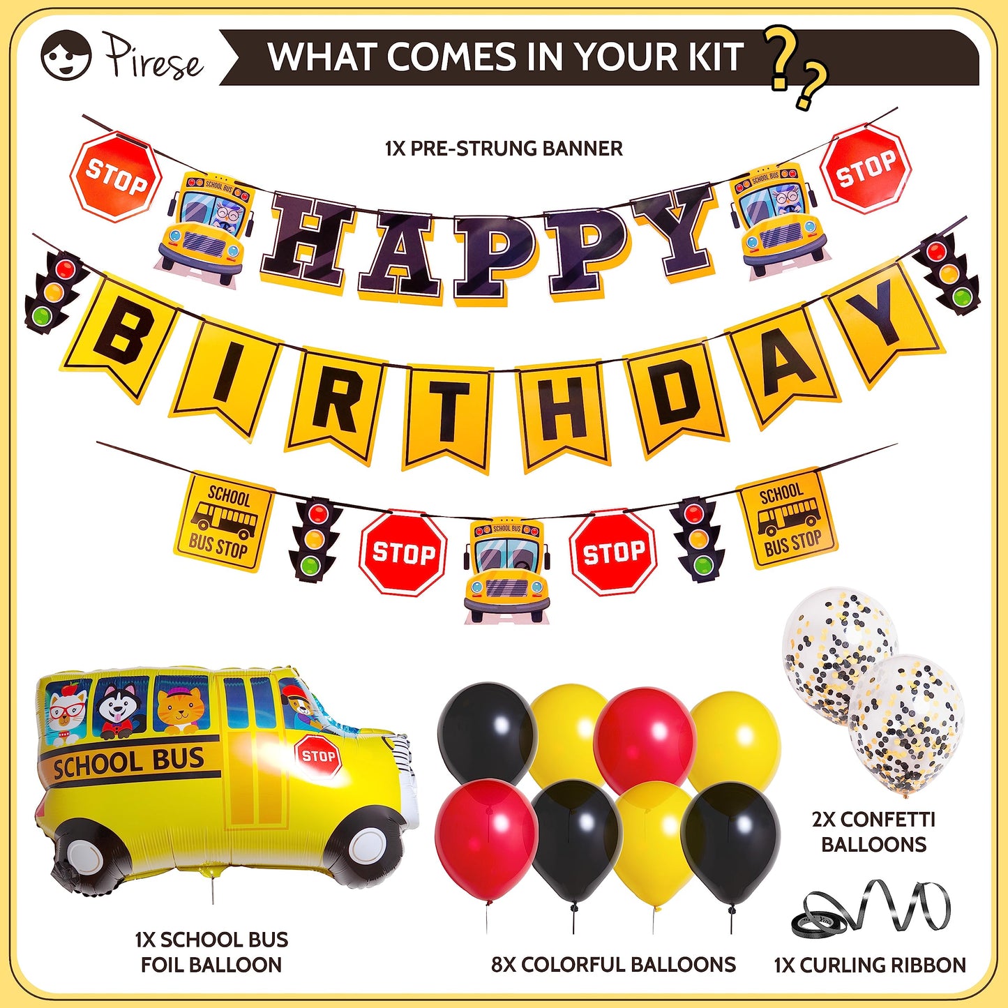 Pirese Wheels on the Bus Birthday Banner Kit, School Bus Party Decorations with Balloons, Yellow Bus Theme Decor for Kids Birthday Party