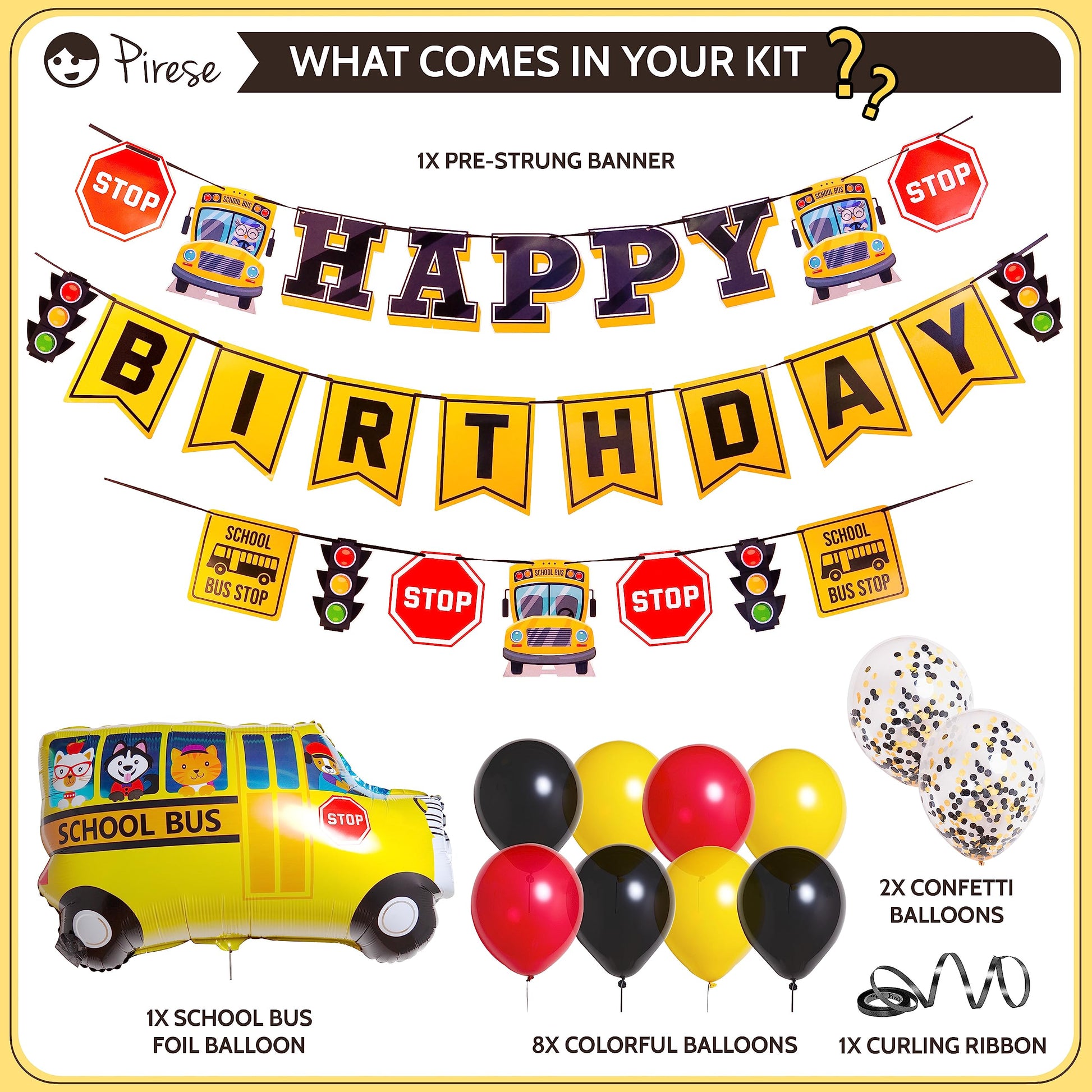 Pirese Wheels on the Bus Birthday Banner Kit, School Bus Party Decorations with Balloons, Yellow Bus Theme Decor for Kids Birthday Party