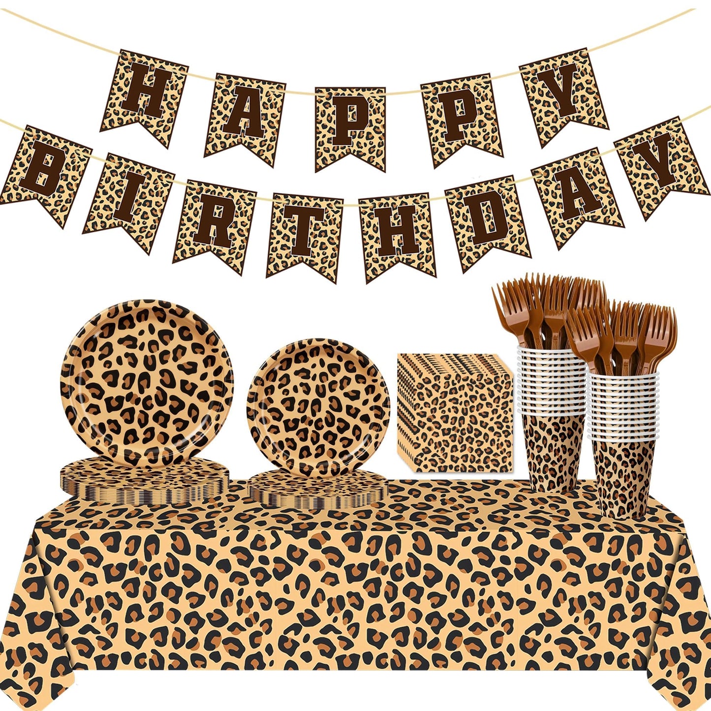 Leopard Print Party Supplies, Cheetah Happy Birthday Party Decorations with Plates Napkins Cups Tablecloth for Safari Animal Leopard Birthday Party