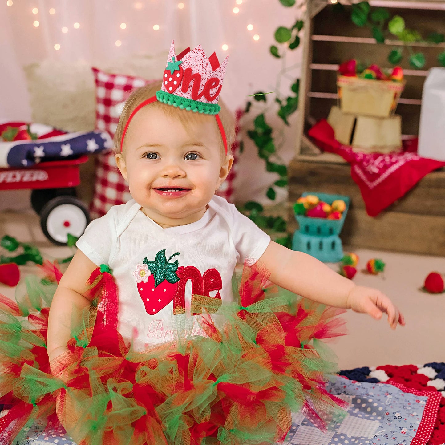 EPSEED Girl's First Birthday Strawberry Crown Hat - Fruity 1st Birthday Party Decoration, Cake Smash Accessory