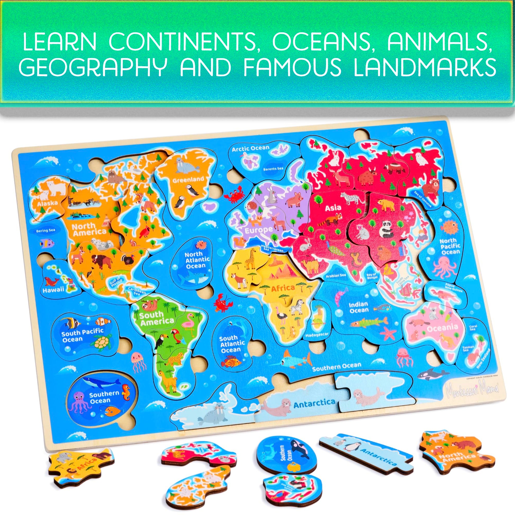 Montessori Mama World Map Wooden Puzzle, Continents and Oceans Puzzles for Kids Ages 4-6. Perfect Educational Toys for 4 Year Old Including Global