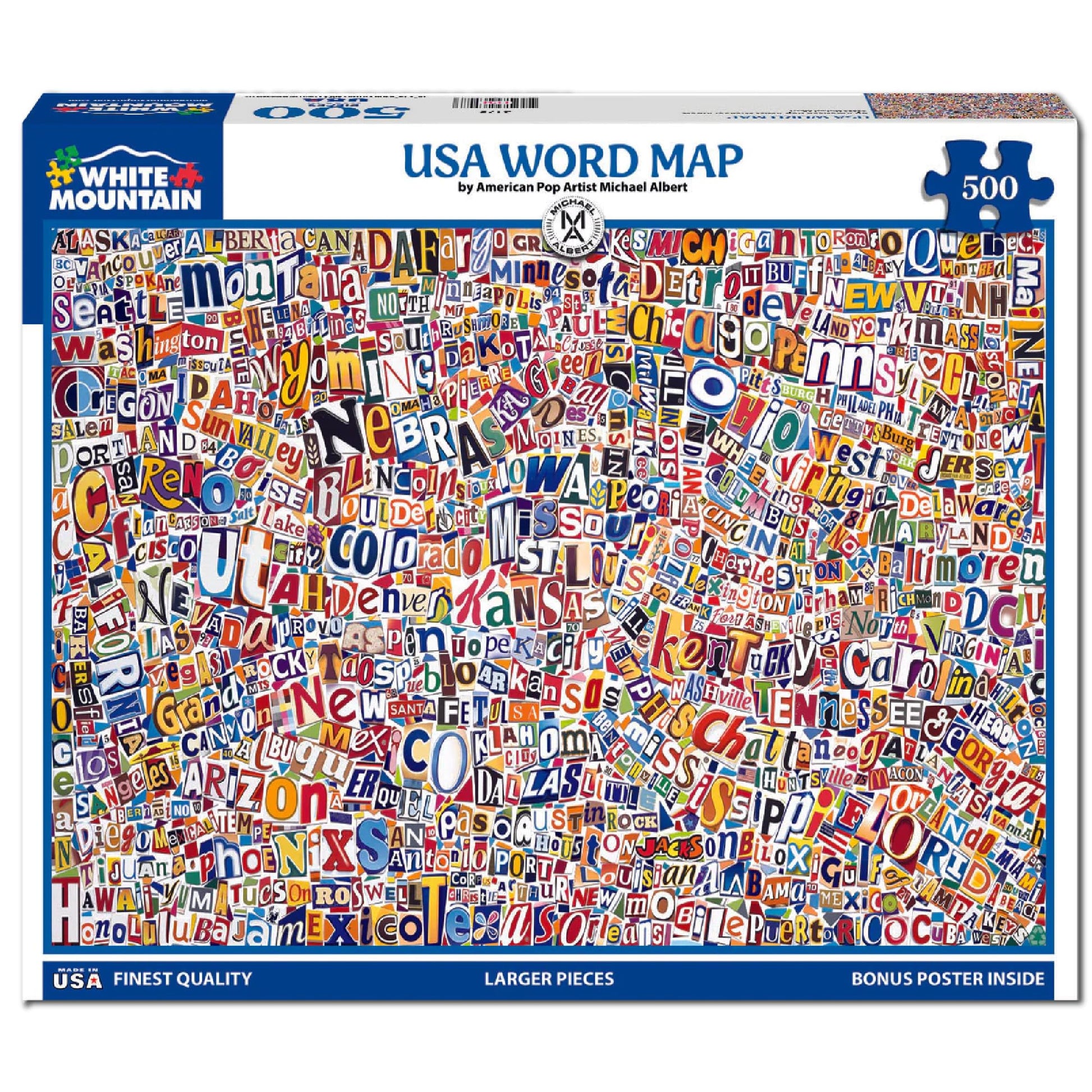 White Mountain 500 Piece Jigsaw Puzzle Travel Collage, USA World Map