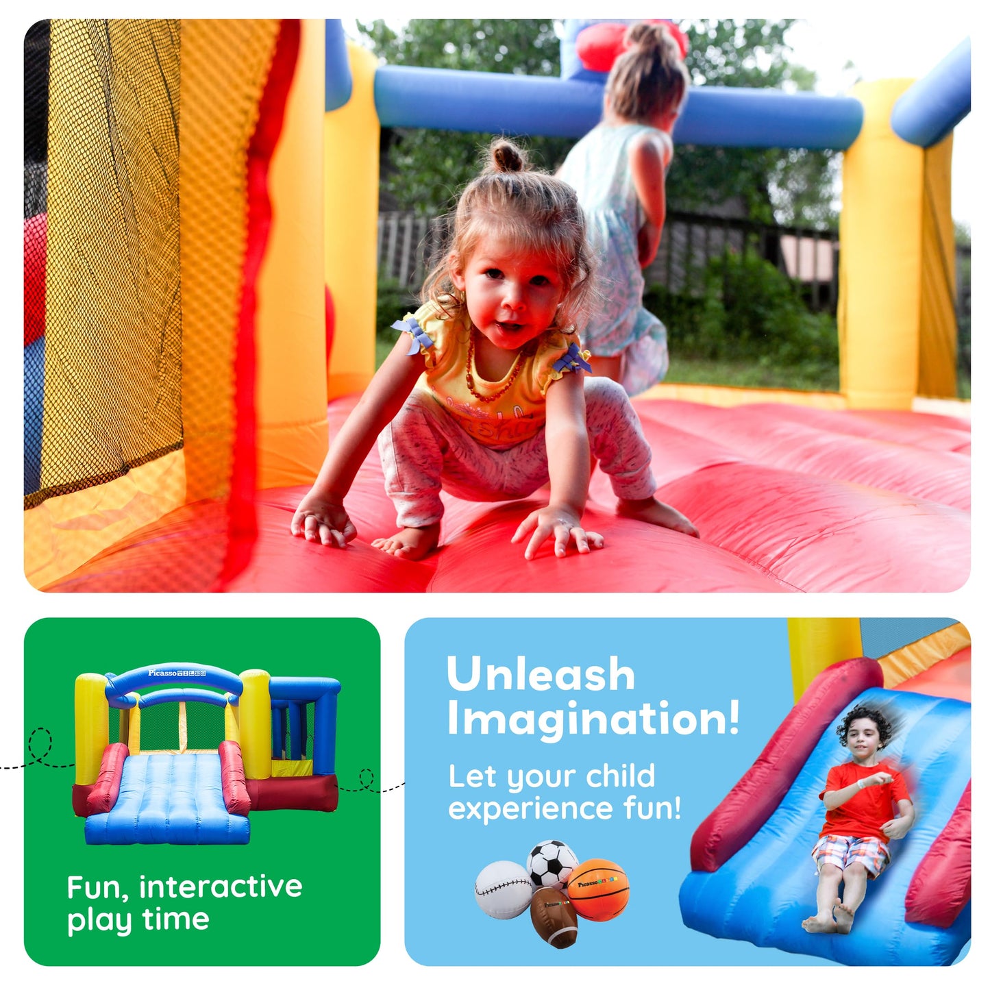 [Upgrade Version] PicassoTiles KC102 12x10 Foot Inflatable Bouncer Jumping Bouncing House, Jump Slide, Dunk Playhouse w/Basketball Rim, 4 Sports