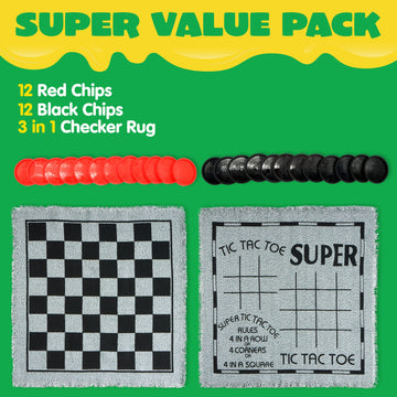 3-in-1 Vintage Giant Checkers, Tic, Tac, Toe, with Reversible Mat, 24 Chips, Family Board Game, Lawn Game, BBQ Party Favor, Indoor and Outdoor