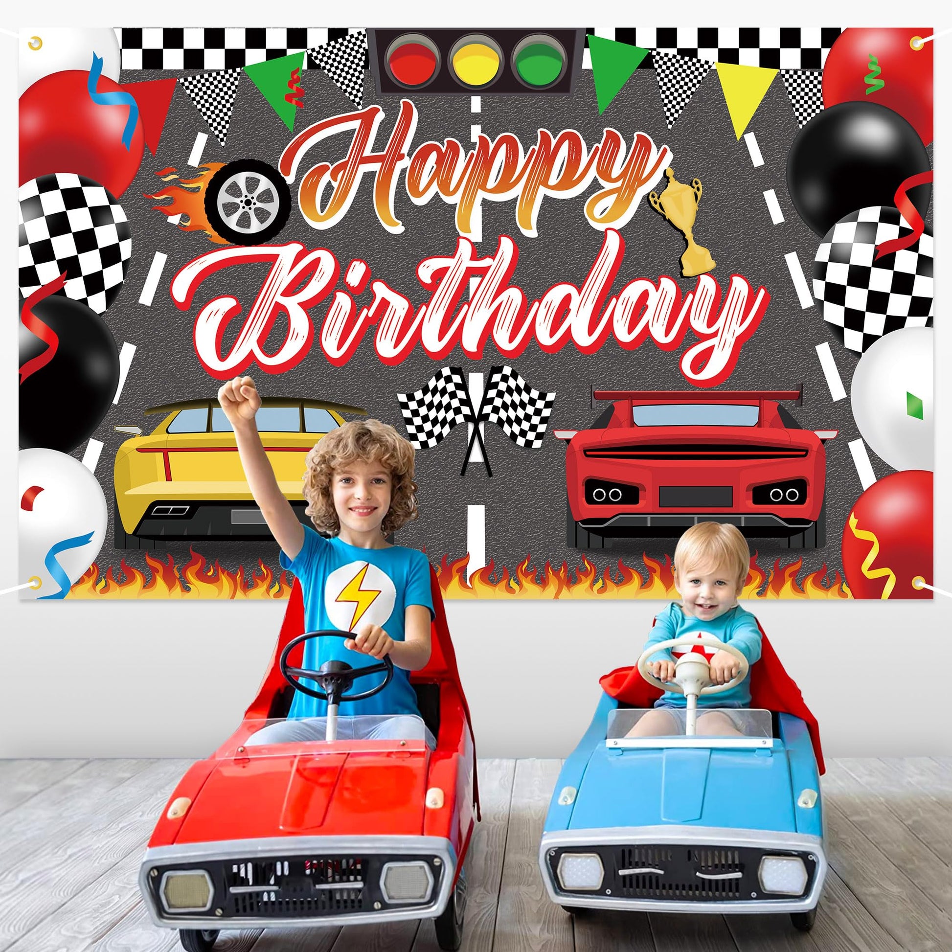 Racing Cars Happy Birthday Decorations Backdrop Banner, Race Car Fast Birthday Party Decorations Photo Background Backdrop for Birthday Party Supplies
