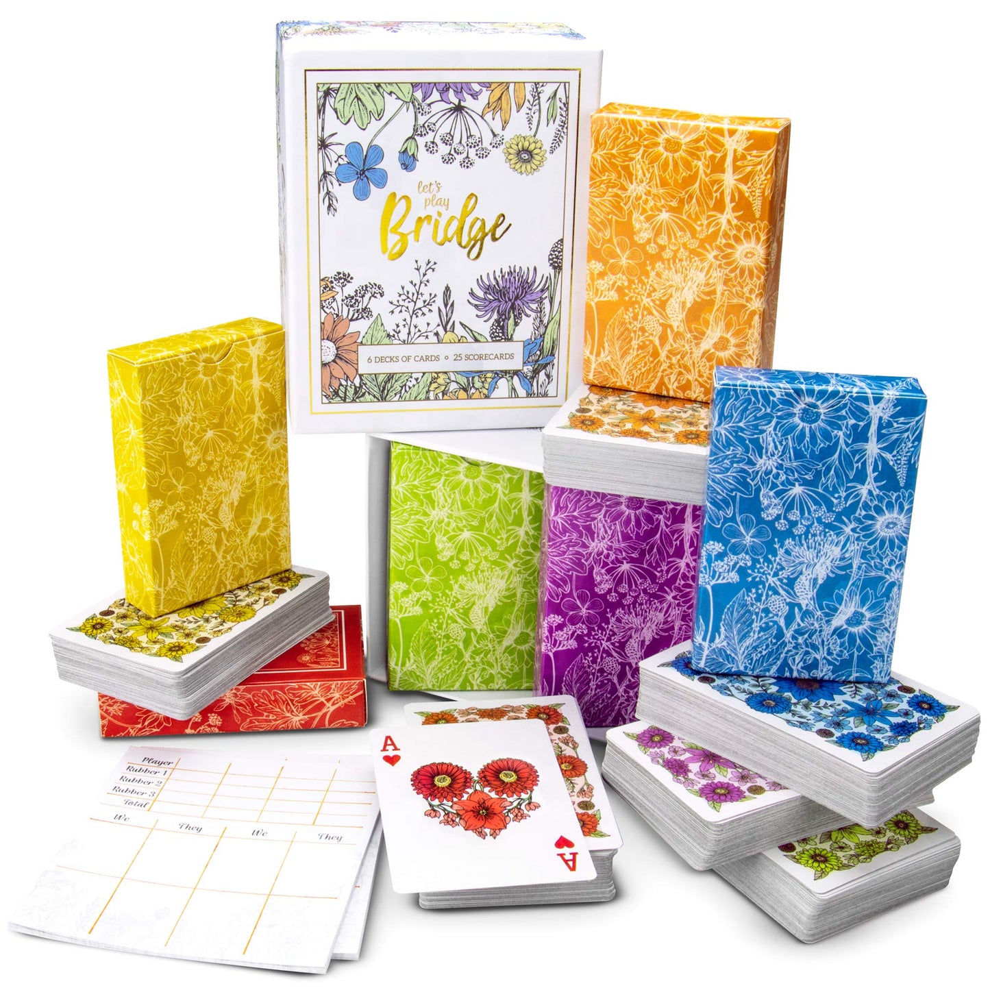 Let's Play Bridge | 6 Decks of Colorful, Watercolor Inspired Floral Playing Cards | Special Low-Vision 4-Color Index! | Classic Family Game Includes