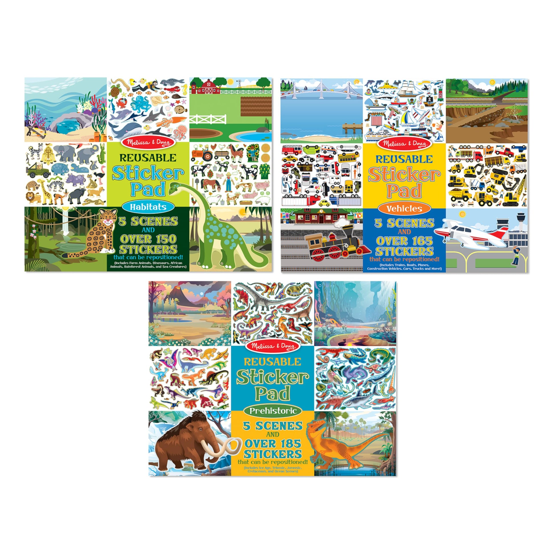 Melissa & Doug Reusable Sticker Pads Set: Prehistoric, Habitats, and Vehicles