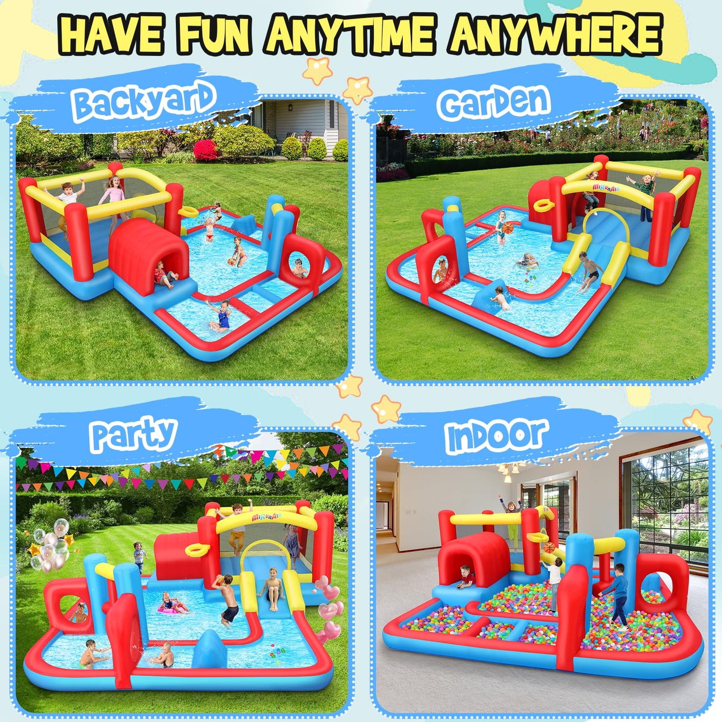 Whubefy Inflatable Water Slide, Bounce House Obstacle Course, 8 in 1 Waterslide Bounce House for Kids 14.3x14.3 FT Multi Jumping House with Jump Area