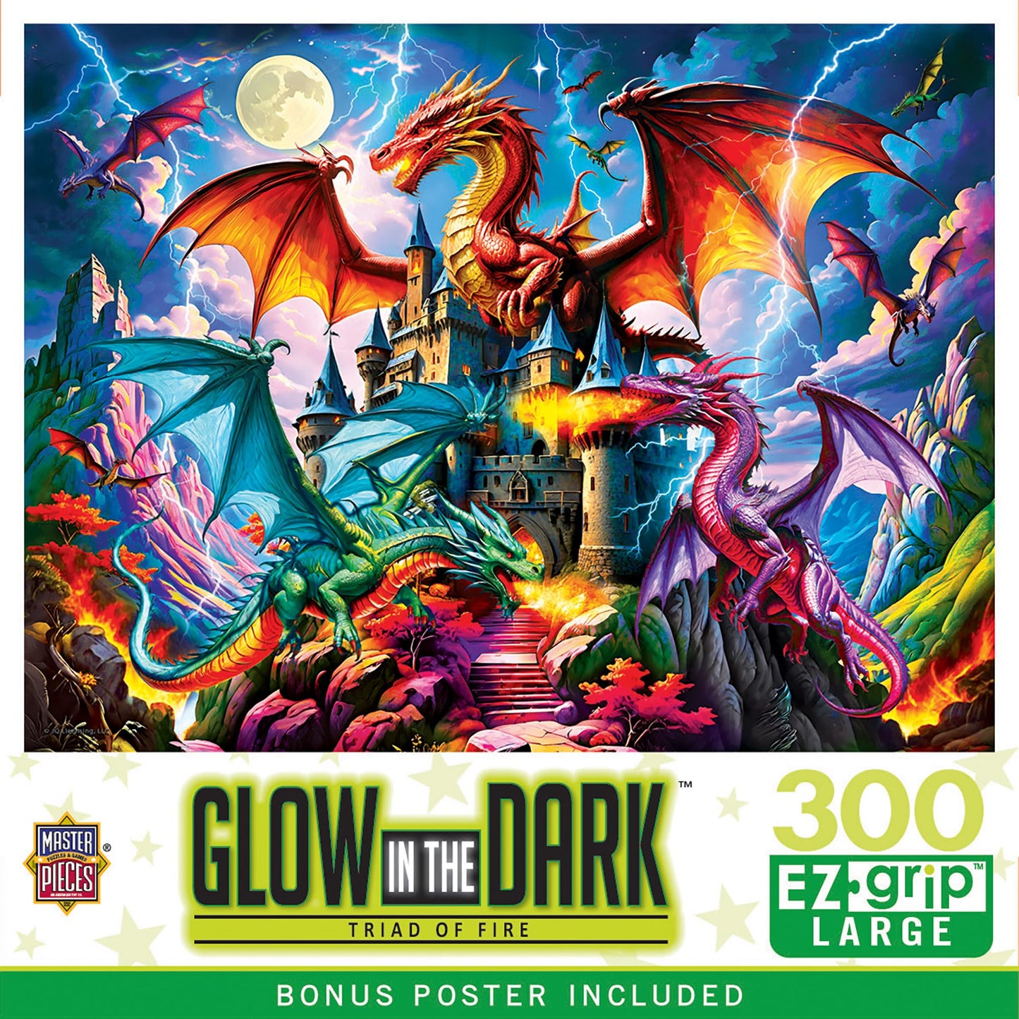Masterpieces 300 Piece EZ Grip Glow in The Dark Jigsaw Puzzle - Triad of Fire - 18"x24"