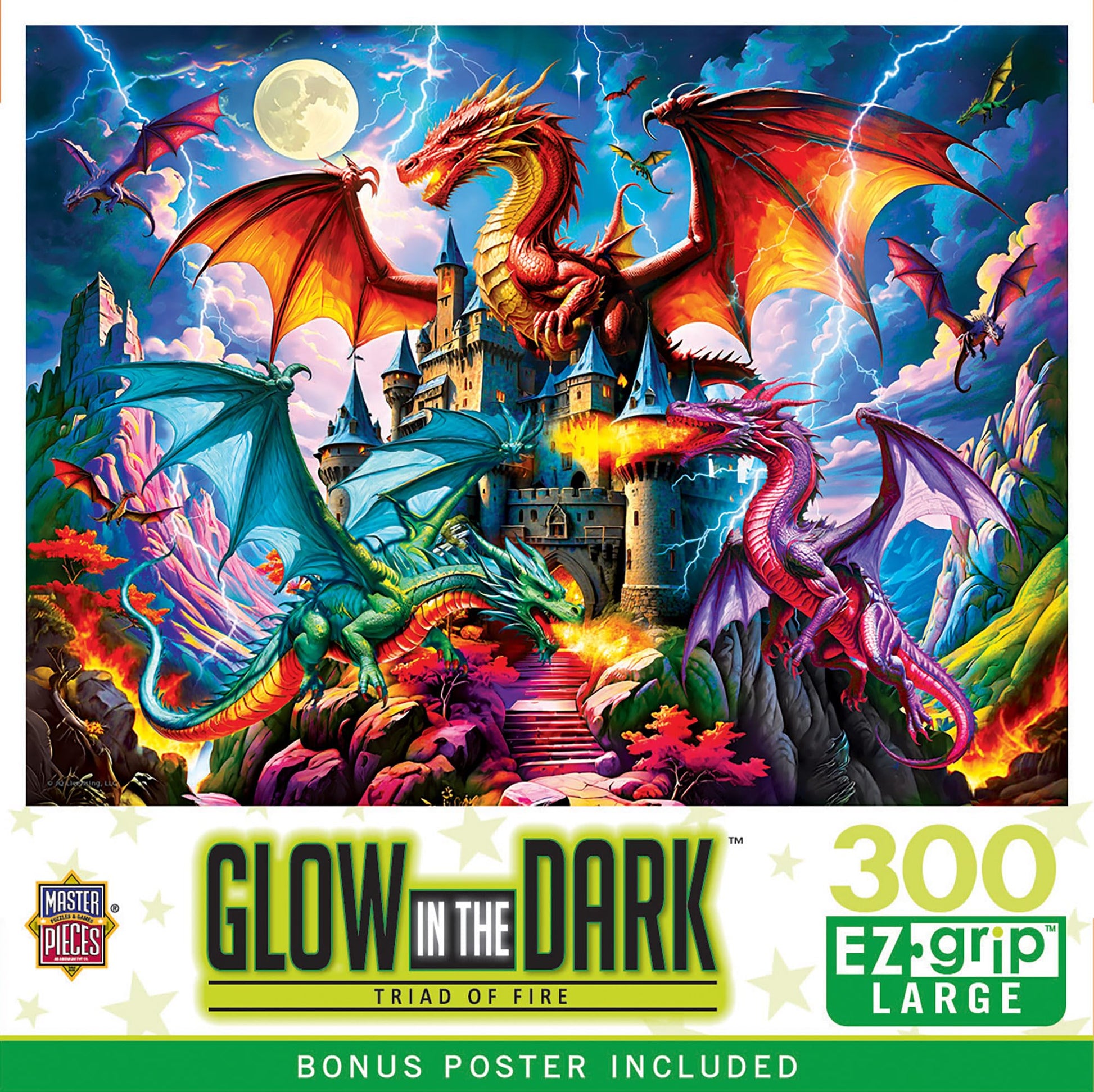 Masterpieces 300 Piece EZ Grip Glow in The Dark Jigsaw Puzzle - Triad of Fire - 18"x24"