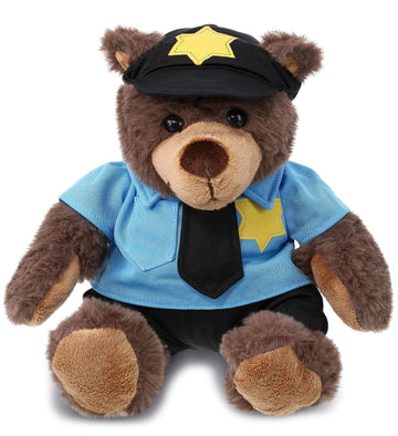 DolliBu Brown Bear Police Officer Plush Toy - Super Soft Plush with Red Plaid Hoodie, Cute Cop Uniform and Cap Outfit - 10 Inches