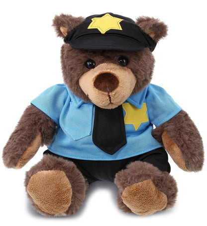 DolliBu Brown Bear Police Officer Plush Toy - Super Soft Plush with Red Plaid Hoodie, Cute Cop Uniform and Cap Outfit - 10 Inches