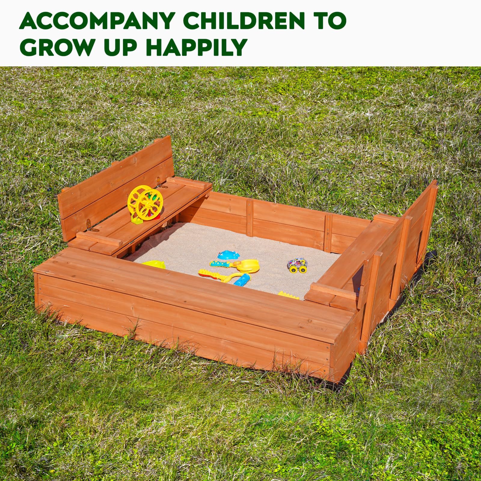 Wooden Outdoor Sandbox with Cover,Sand Box with Foldable Storage Bench Seats and Sand Protection,Kids Play Equipment for Outdoor(47X47Inch
