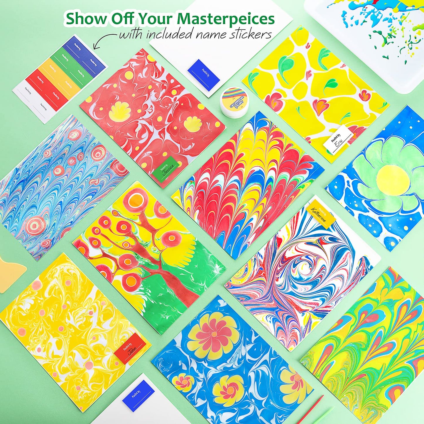 CraftBud Marbling Paint Kit for Kids with 10 Paint Colors, Water Art Paint Sets, Guide Books, 2 Aprons, 2 Sheets of Stickers, 2 Mixing Spoons, 2 Water