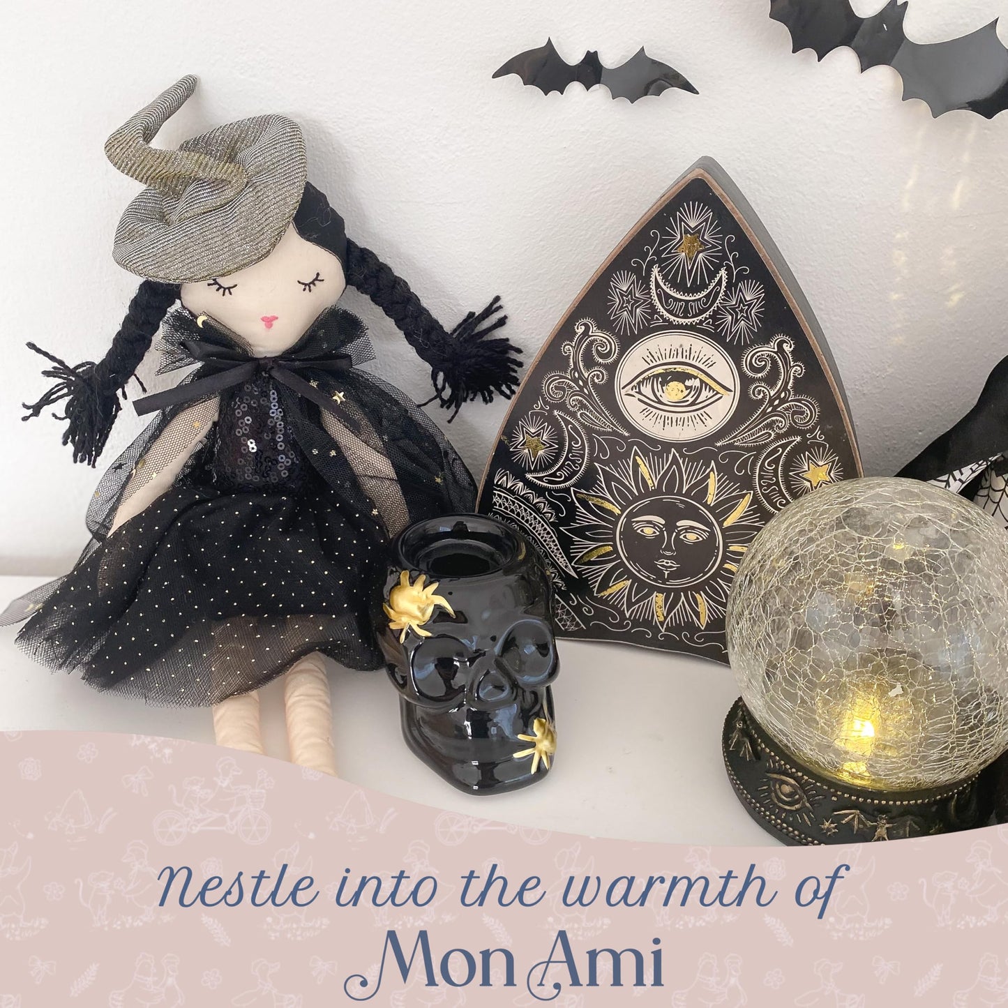 MON AMI Cassandra Witch Doll - 15” | Soft & Elegant Plush Doll for All Ages | Spooky, Cute Holiday & Halloween Decoration