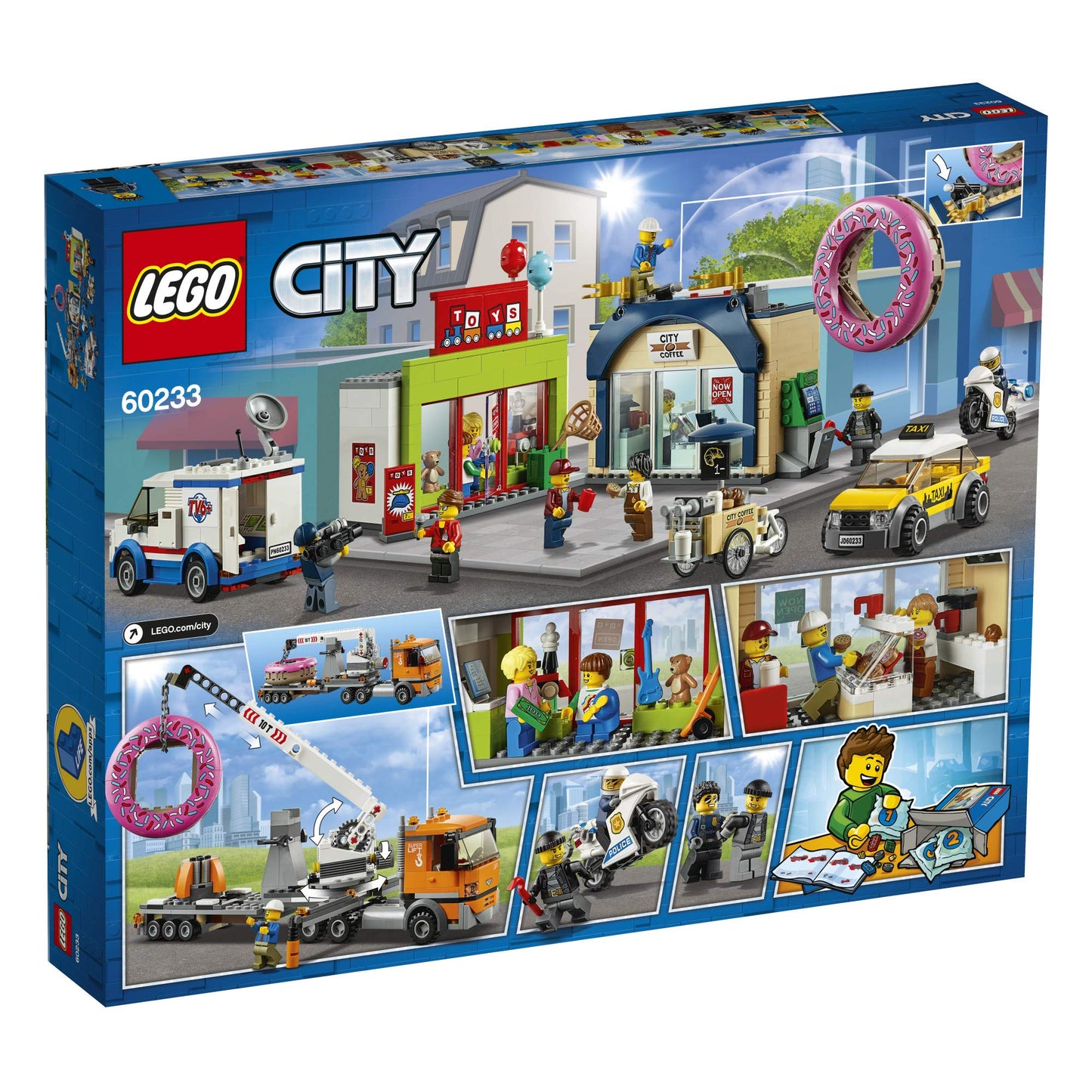 LEGO City Donut Shop Opening 60233 Store Opening Build and Play with Toy Taxi, Van and Truck with Crane, Easy Build with Minifigures for Boys and