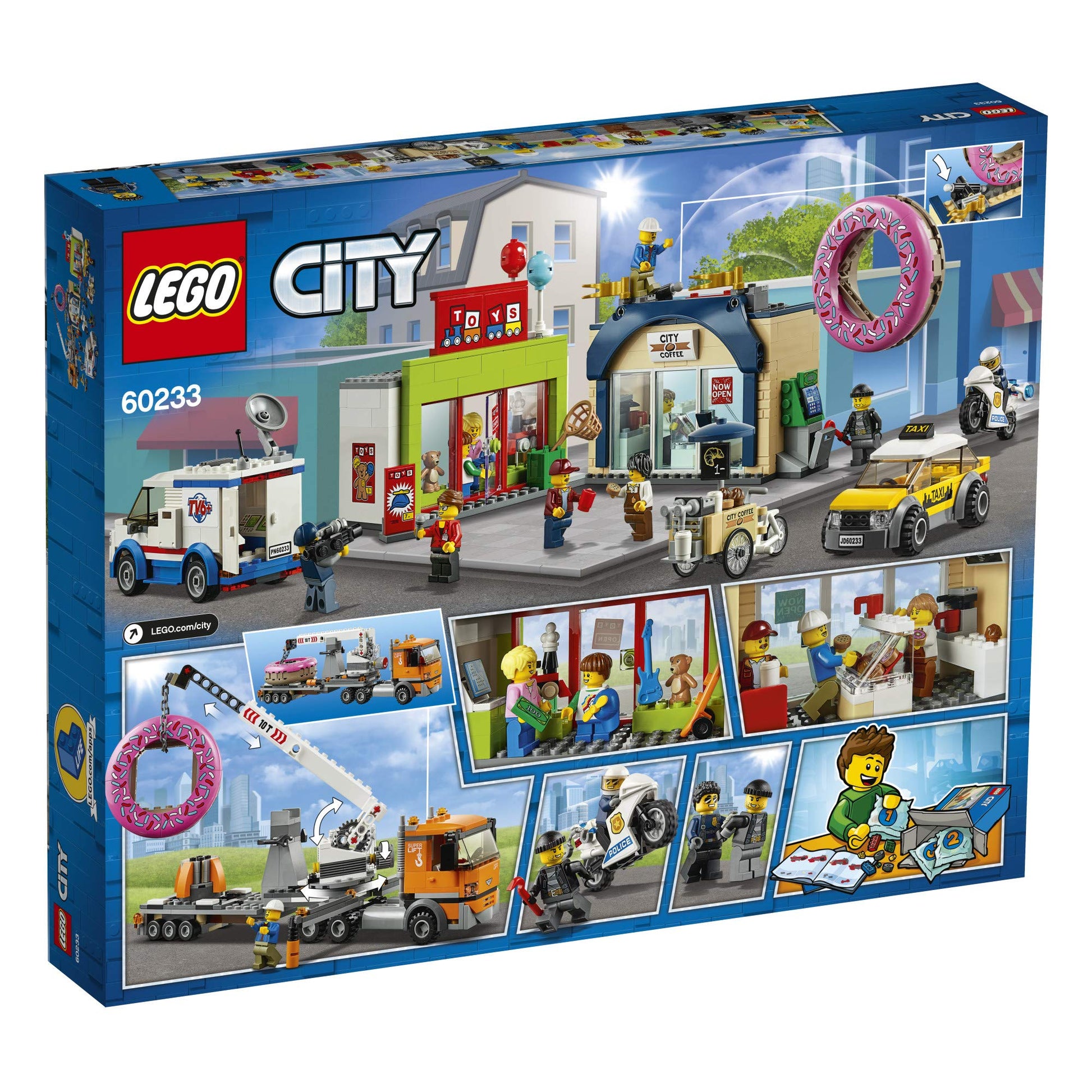 LEGO City Donut Shop Opening 60233 Store Opening Build and Play with Toy Taxi, Van and Truck with Crane, Easy Build with Minifigures for Boys and