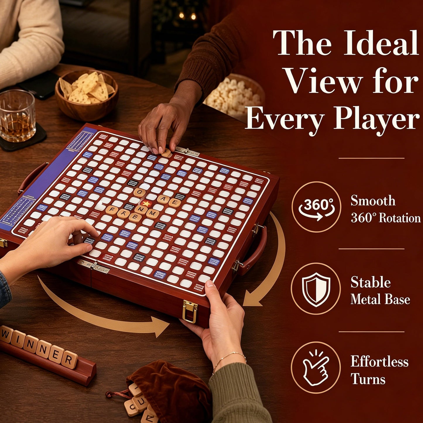 【Solid Wood】Deluxe Travel Scrabble Game,Rotatable Large Scrabble Deluxe,Raised Letter Grid,Foldable&Portable Design,Integrated Storage,100 Letter