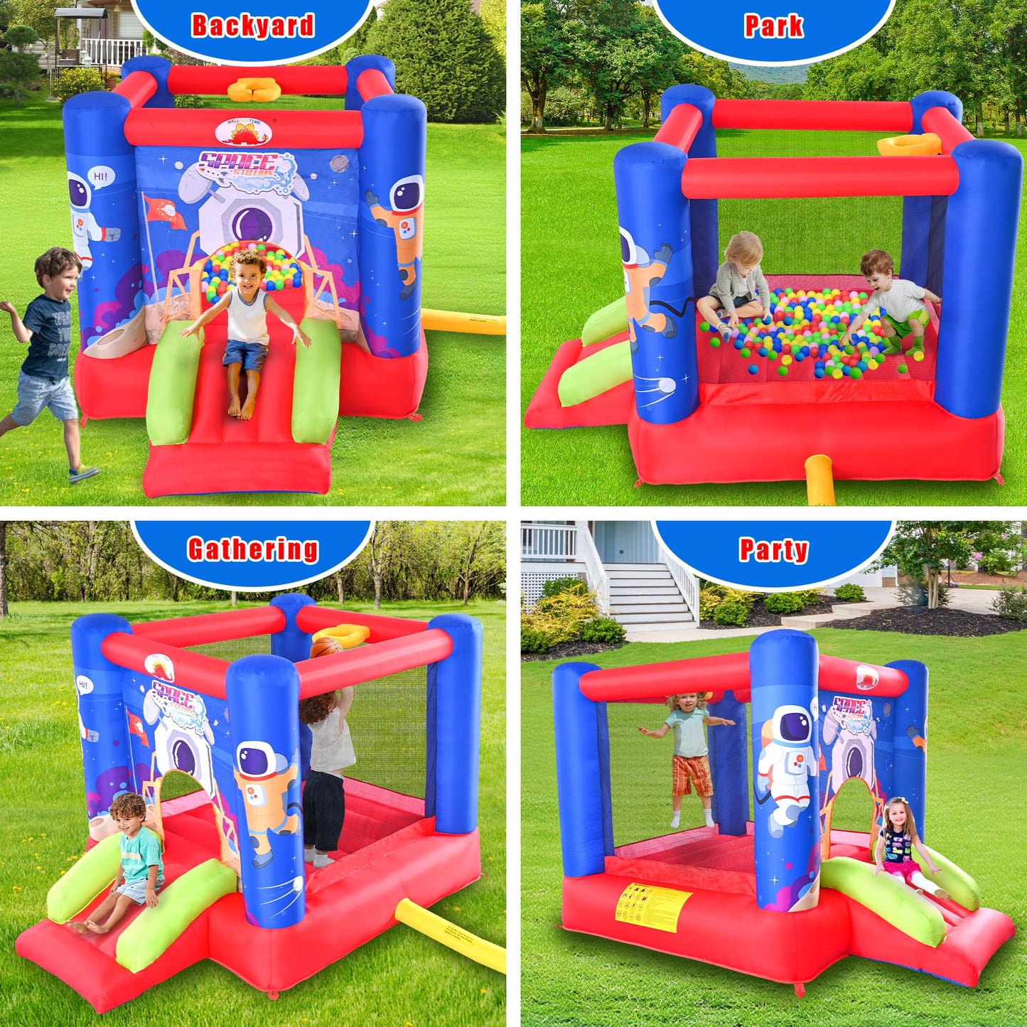 WELLFUNTIME Inflatable Bounce House Jumping Castle Slide with Blower, Kids Bouncer with Basketball Rim, 110x82.5x72.8 Inch Bouncy Castle
