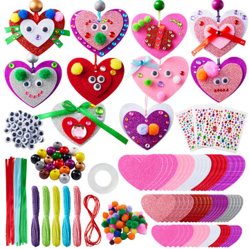 JOYIN Valentines Day 264 Pcs DIY Heart Felt Craft Set, Felt & Glitter Hearts & Wooden Beads & Plastic Eyes & Colorful Paper Ropes for Valentine's Day