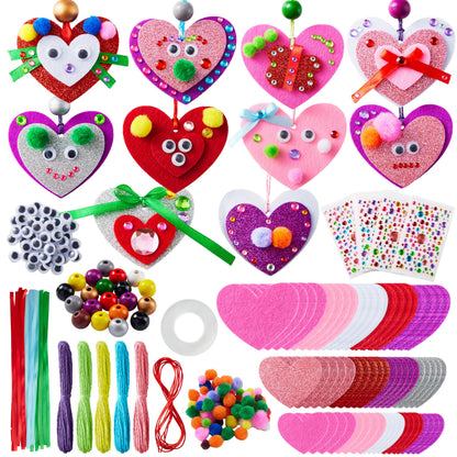 JOYIN Valentines Day 264 Pcs DIY Heart Felt Craft Set, Felt & Glitter Hearts & Wooden Beads & Plastic Eyes & Colorful Paper Ropes for Valentine's Day