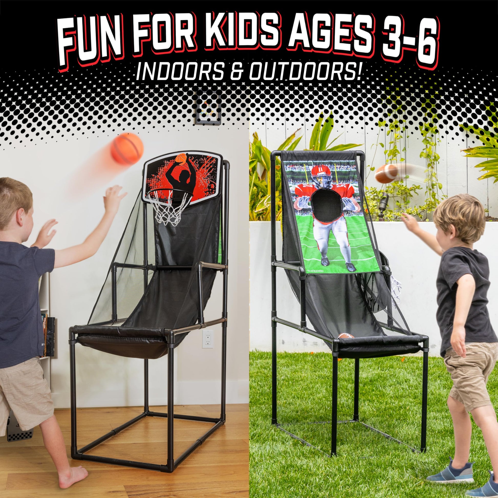 GoSports 2 in 1 Basketball and Football Toss Arcade Game for Kids Ages 3 to 8 Indoor and Outdoor Sports Toy with Hoop, Target, Balls & Pump