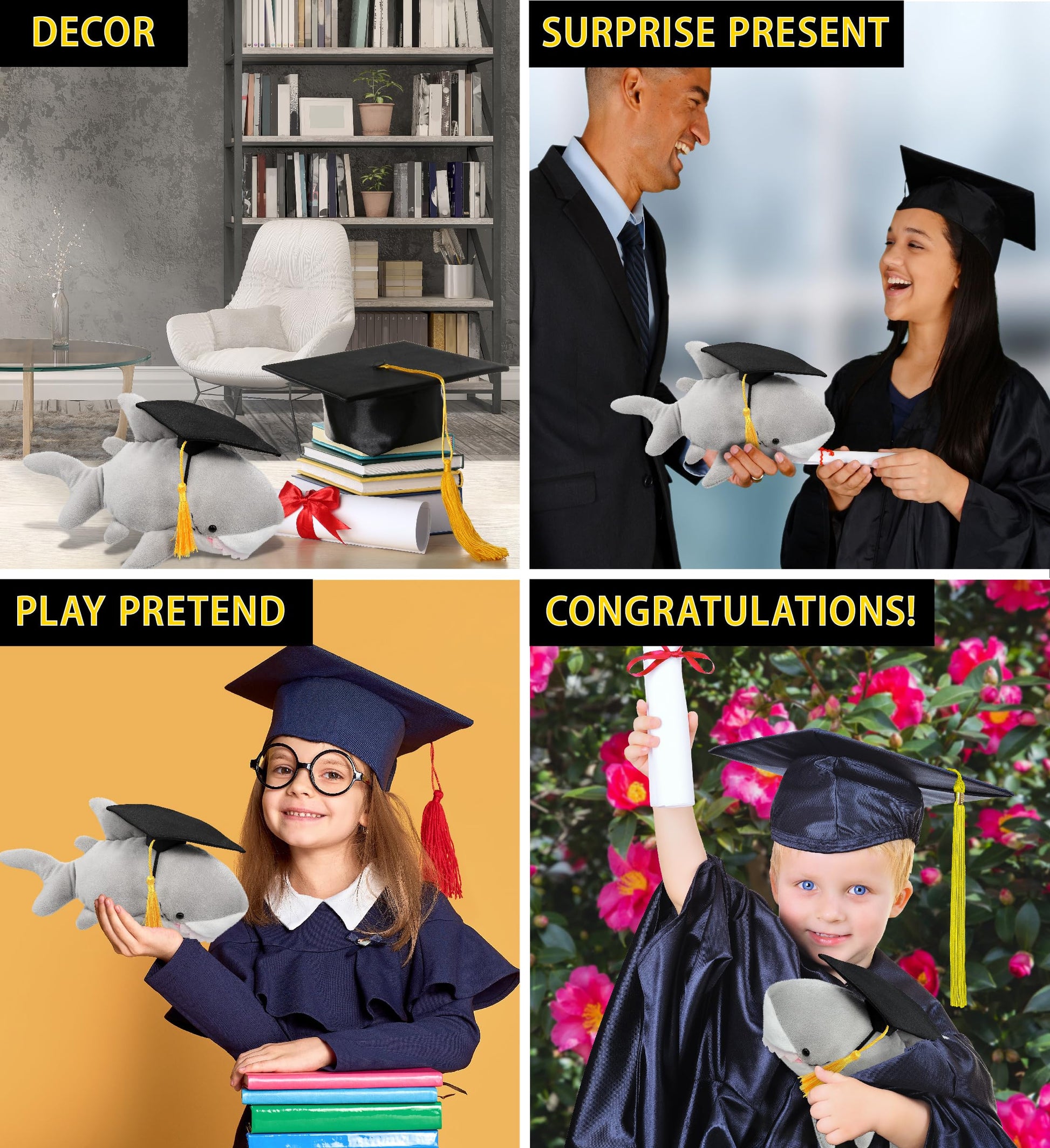 DolliBu Shark Graduation Plush Toy - Soft Huggable Graduation Stuffed Animal Dress Up with Gown and Cap with Tassel Outfit - Gift with Personalization