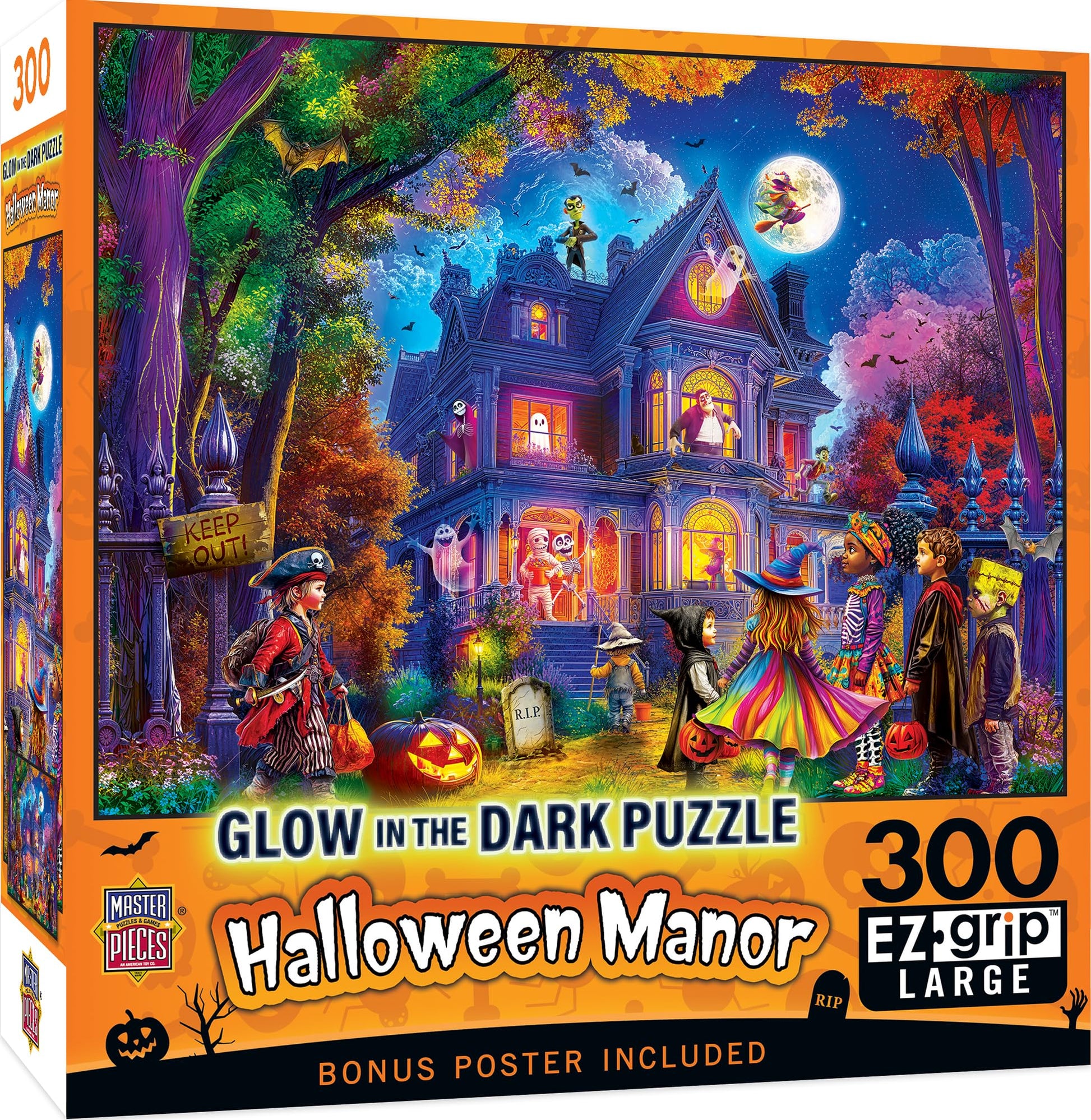 MasterPieces 300 Piece EZ Grip Jigsaw Puzzle - Glow in the Dark - Halloween Manor - 18"x24"